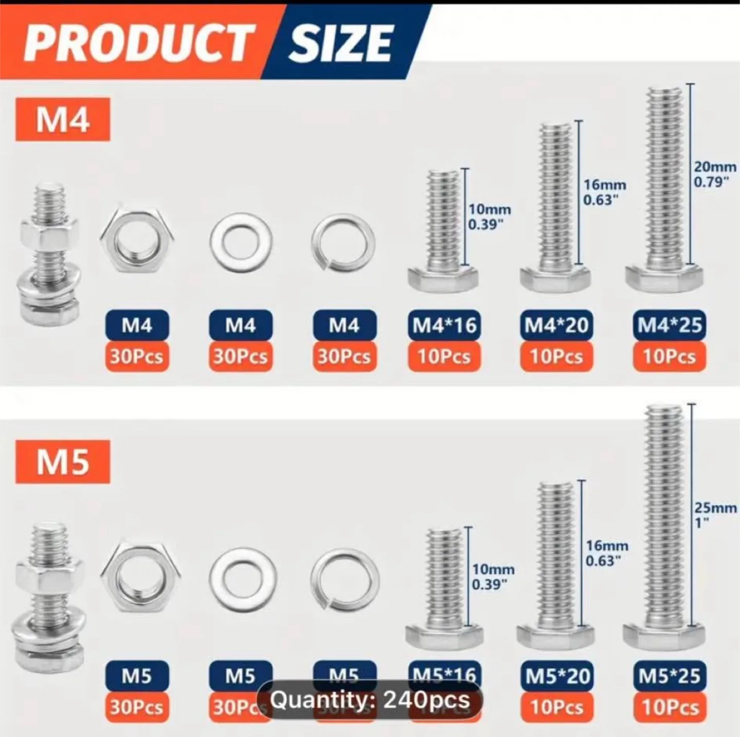 240pcs Stainless Steel Hex Bolt & Nut Set image indicator(2)