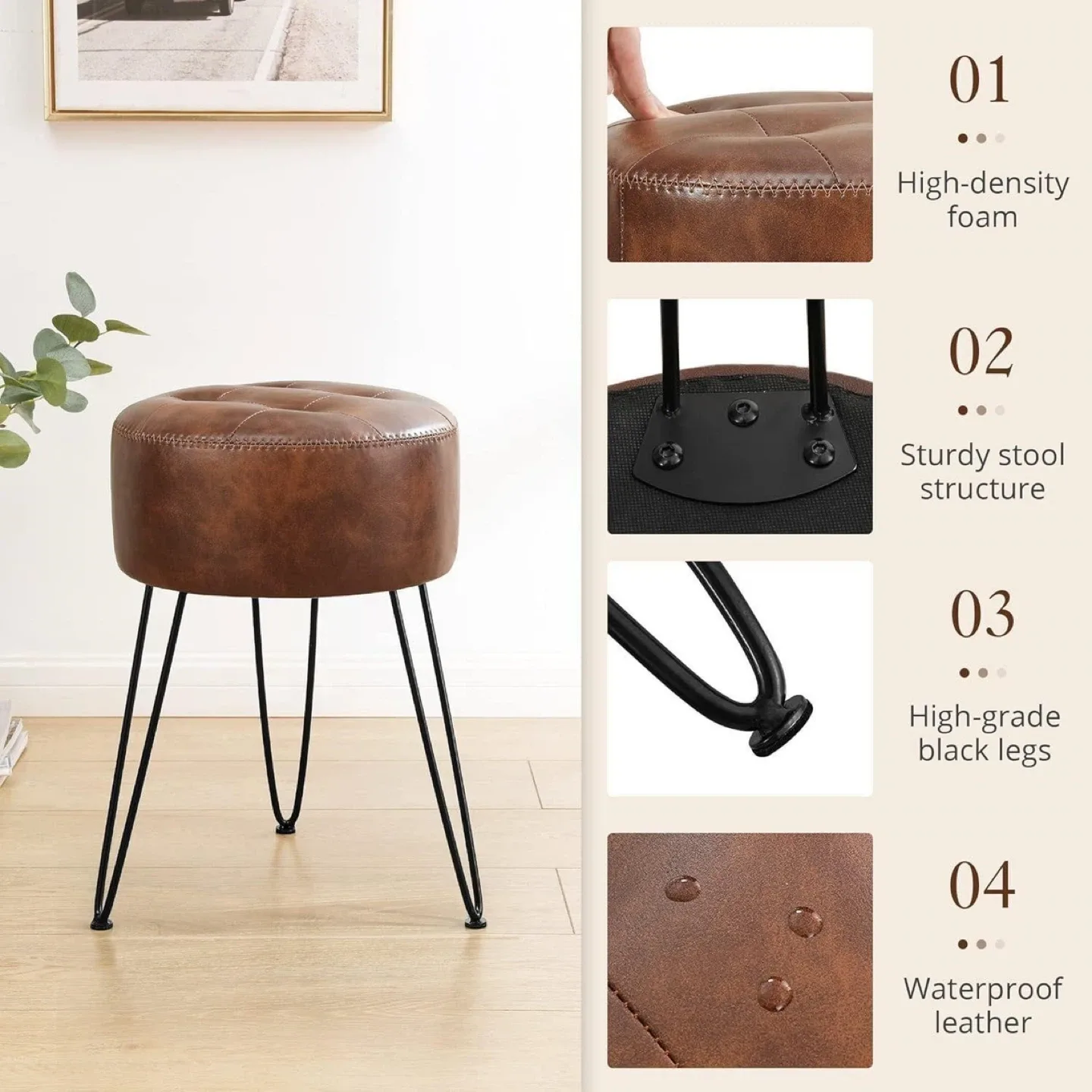 Brown Faux Leather Round Ottoman Stool image indicator(3)