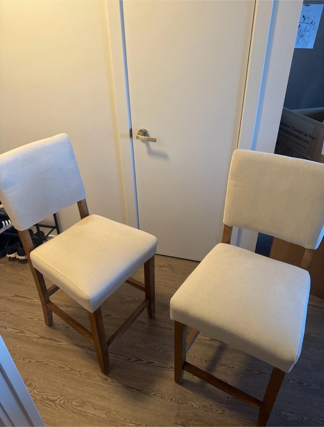 Two Wood & Cream Dining Chairs and 2 Vinyl Displays
