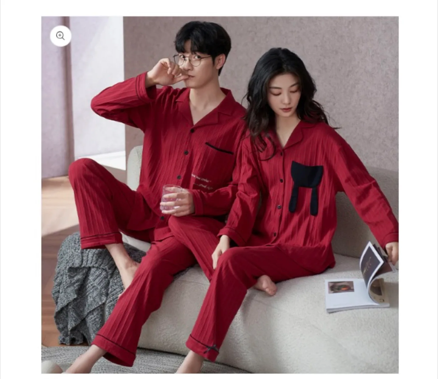 Matching Pajamas Set for Couples Red Pure Cotton thumbnail