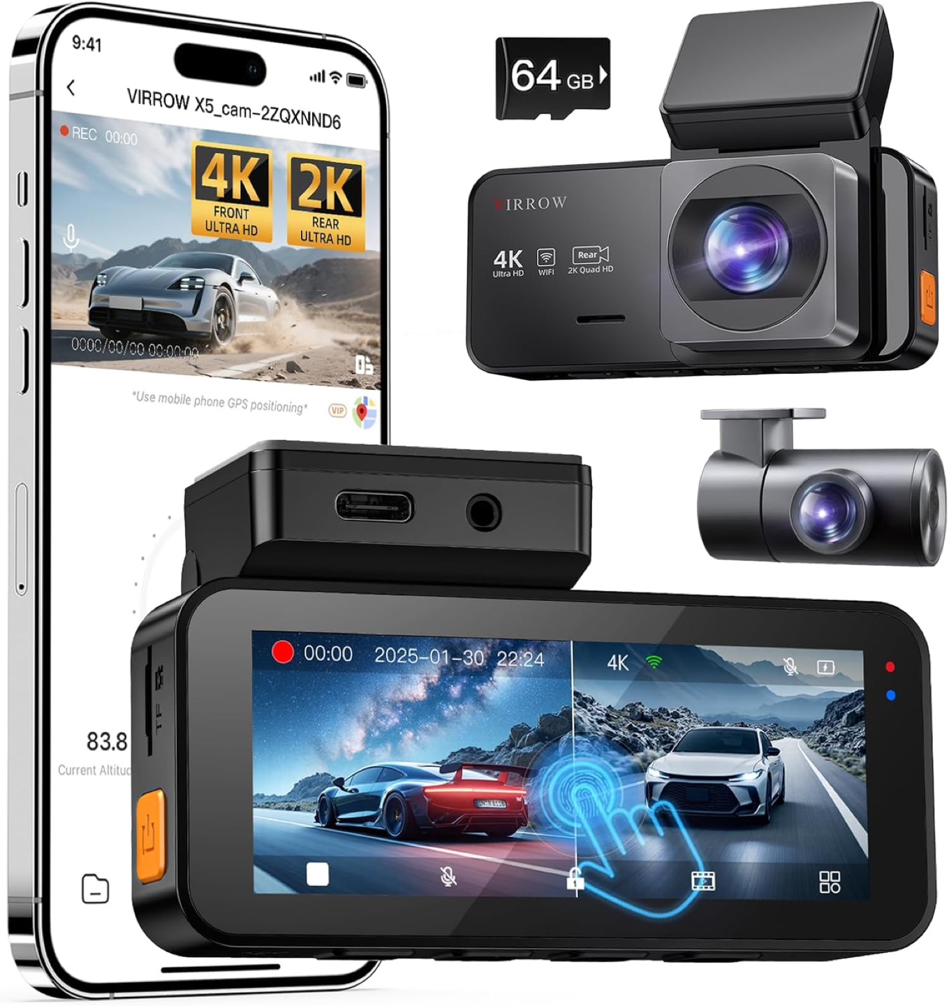 VIRROW X5 4K Dash Cam - Front 4K + Rear 2K