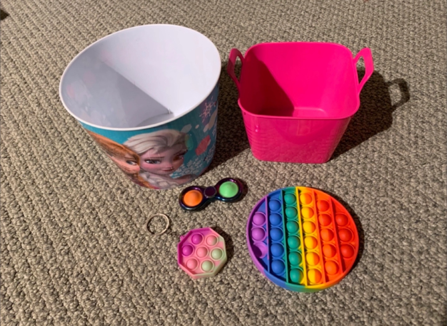 Kids' Bucket, Pink Basket, and Fidget Toys