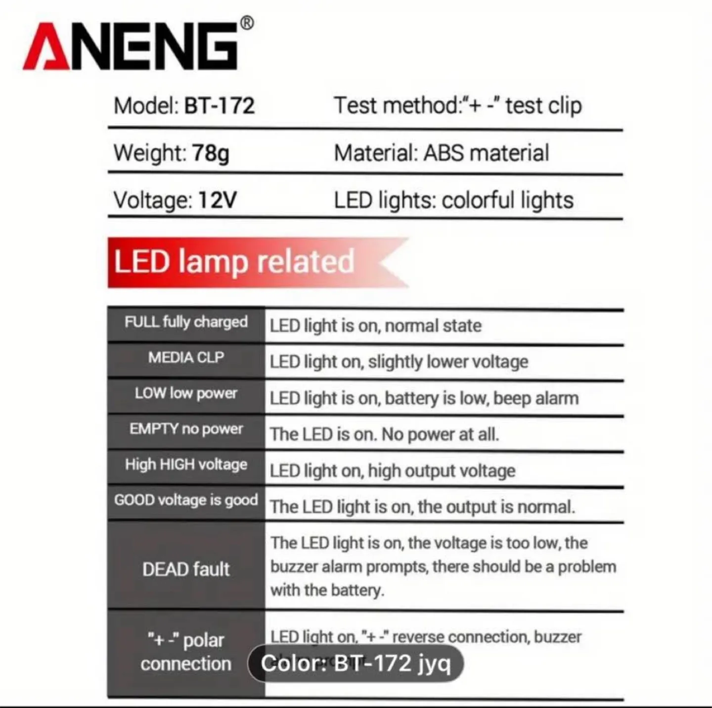 ANENG BT-172 12V Car Battery Tester with LED Display image indicator(6)