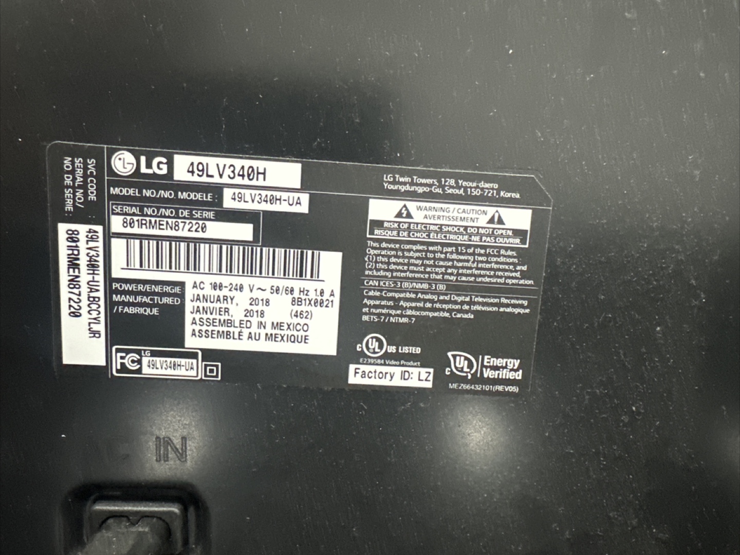 LG 49" TV - Model 49LV340H