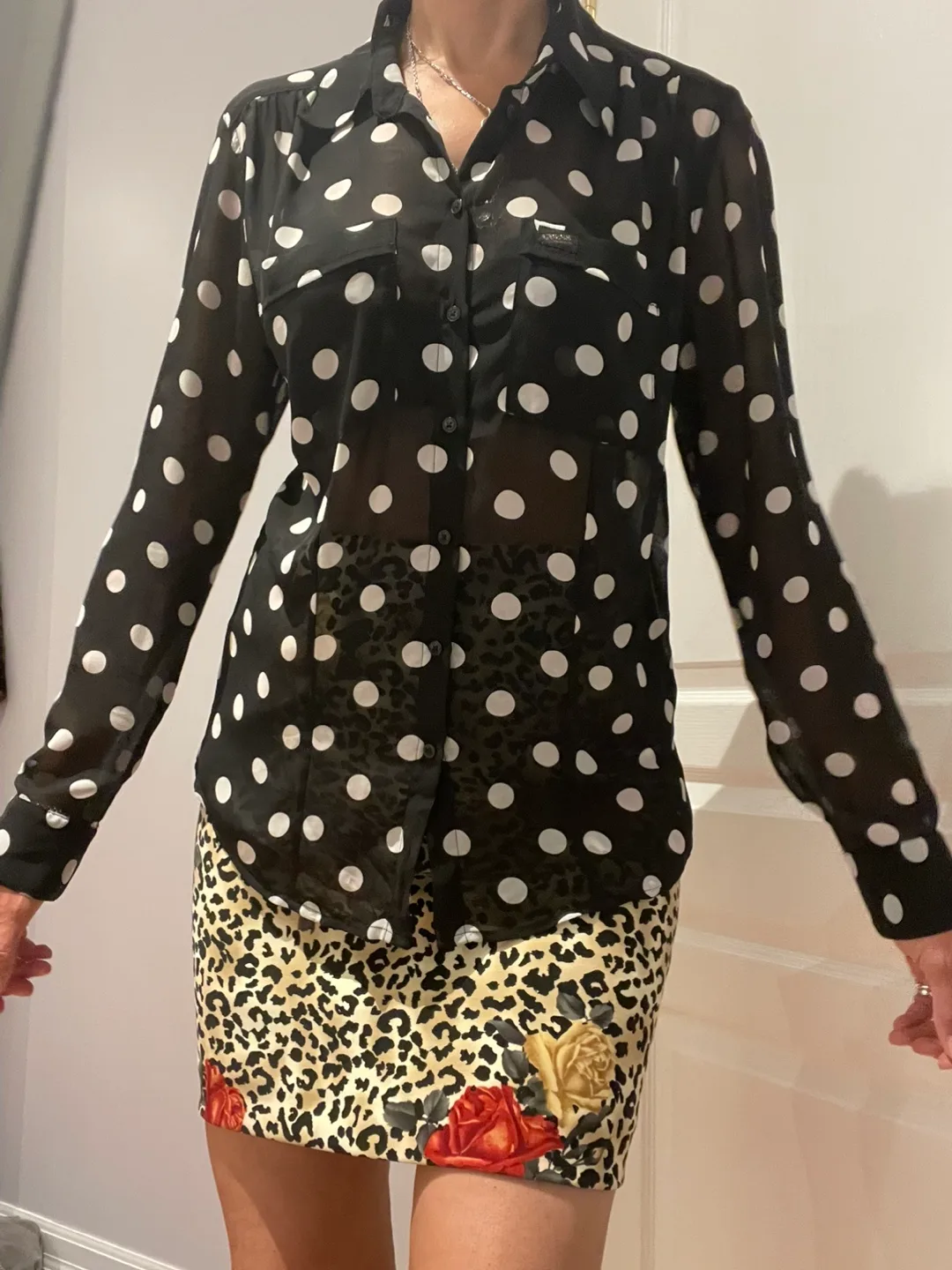 Guess Black Polka Dot Sheer Blouse thumbnail