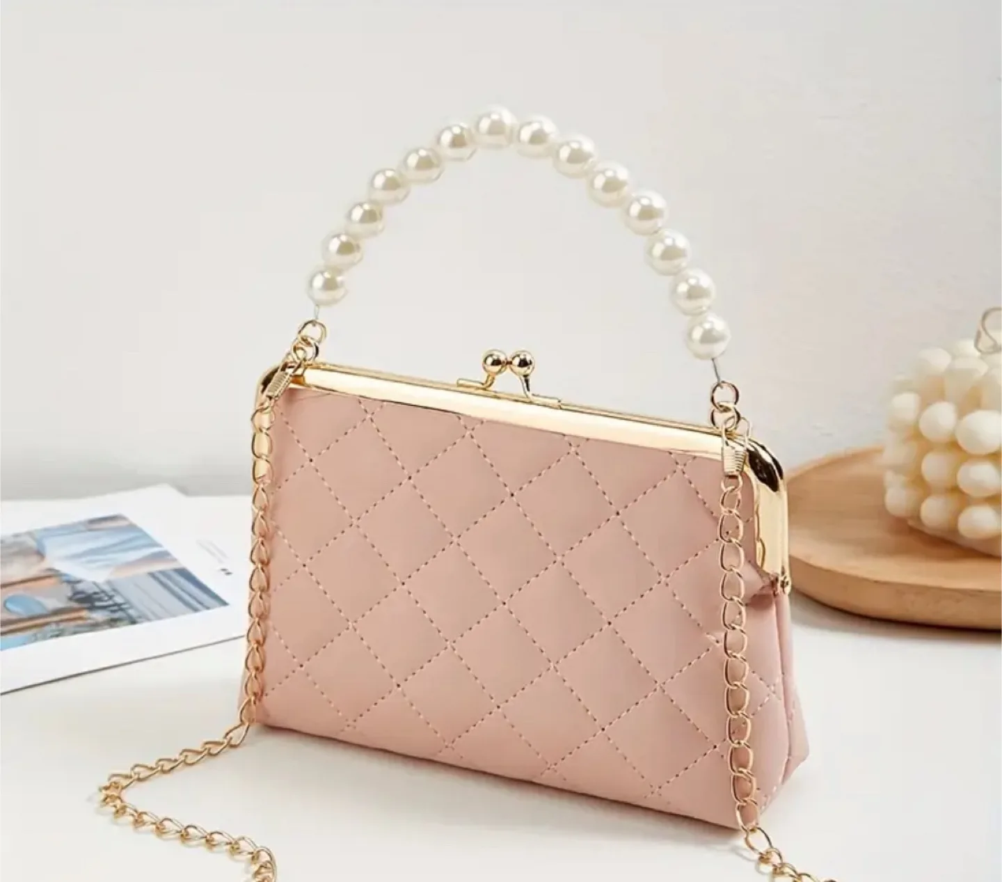 Free Pink Quilted Kiss Lock Top Handle Bag thumbnail