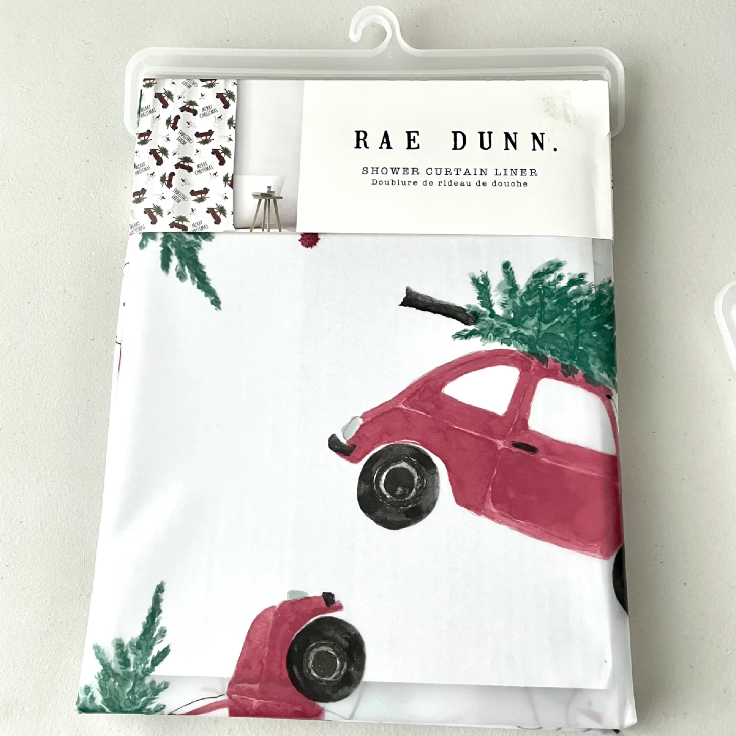 NEW Rae Dunn Christmas Shower Curtain Liner 72x72 in red car