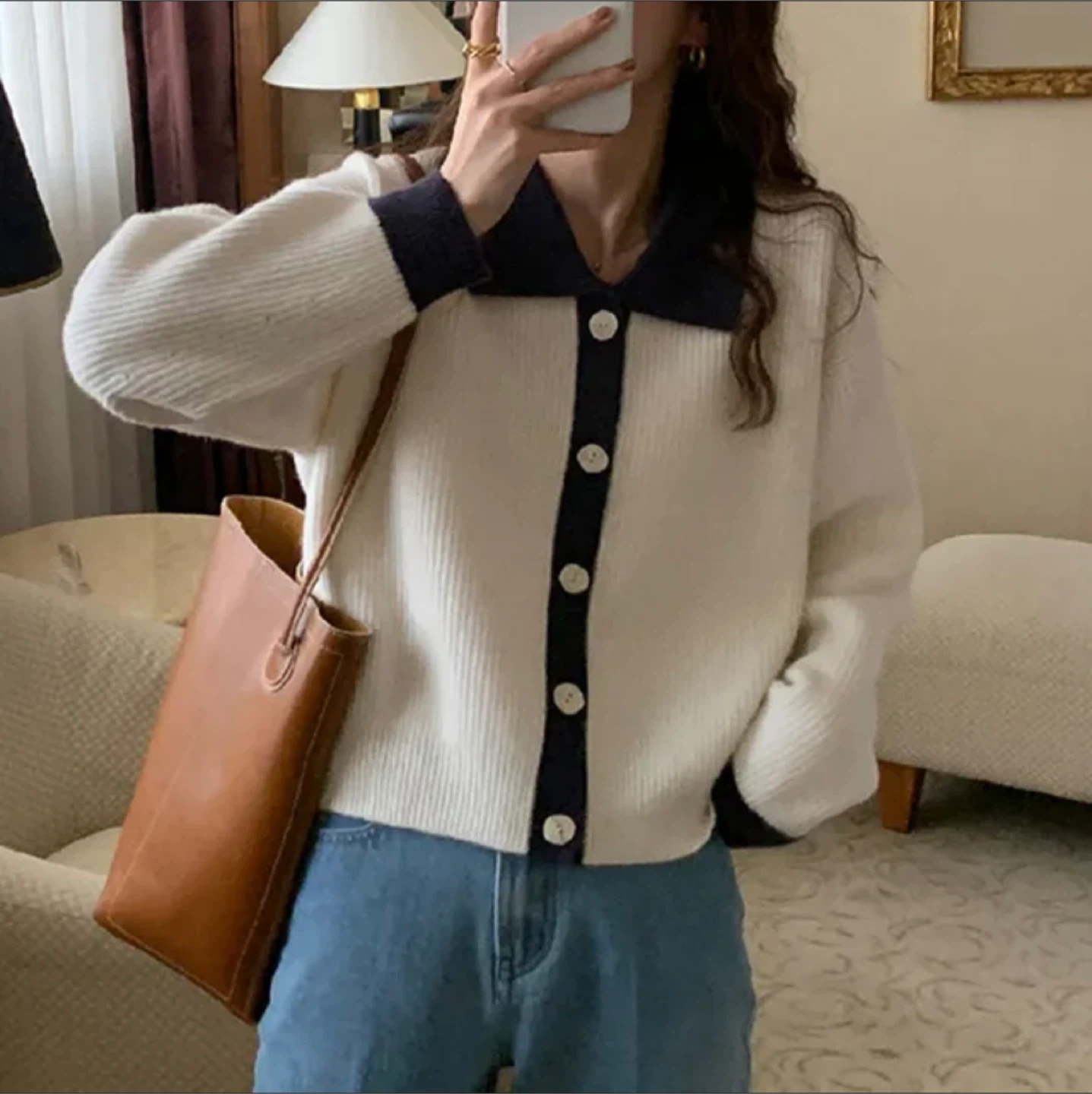 Cream & Navy Cardigan - Size Small