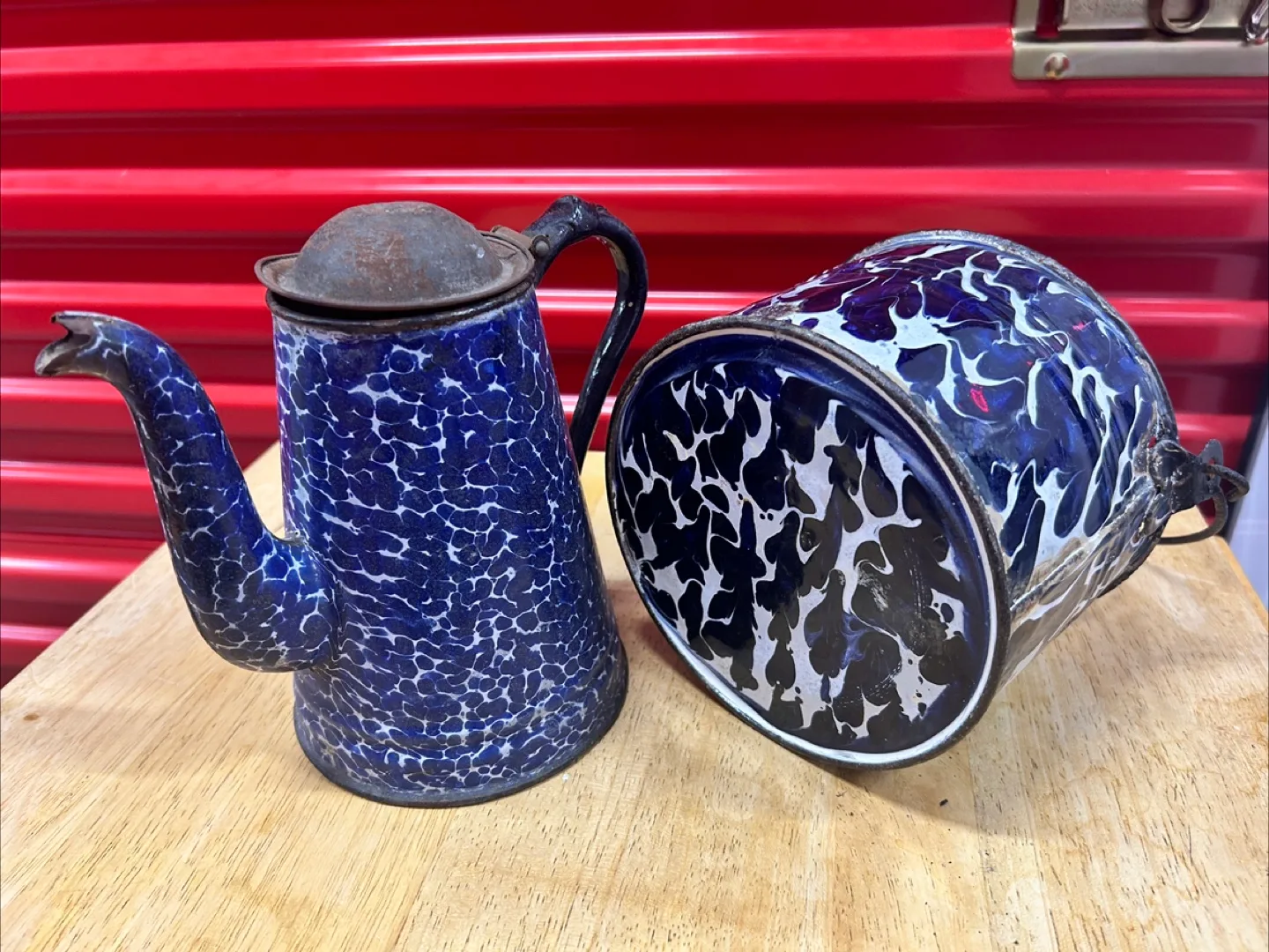 Vintage Blue & White Enamelware Coffee Pot & Bucket image indicator(2)