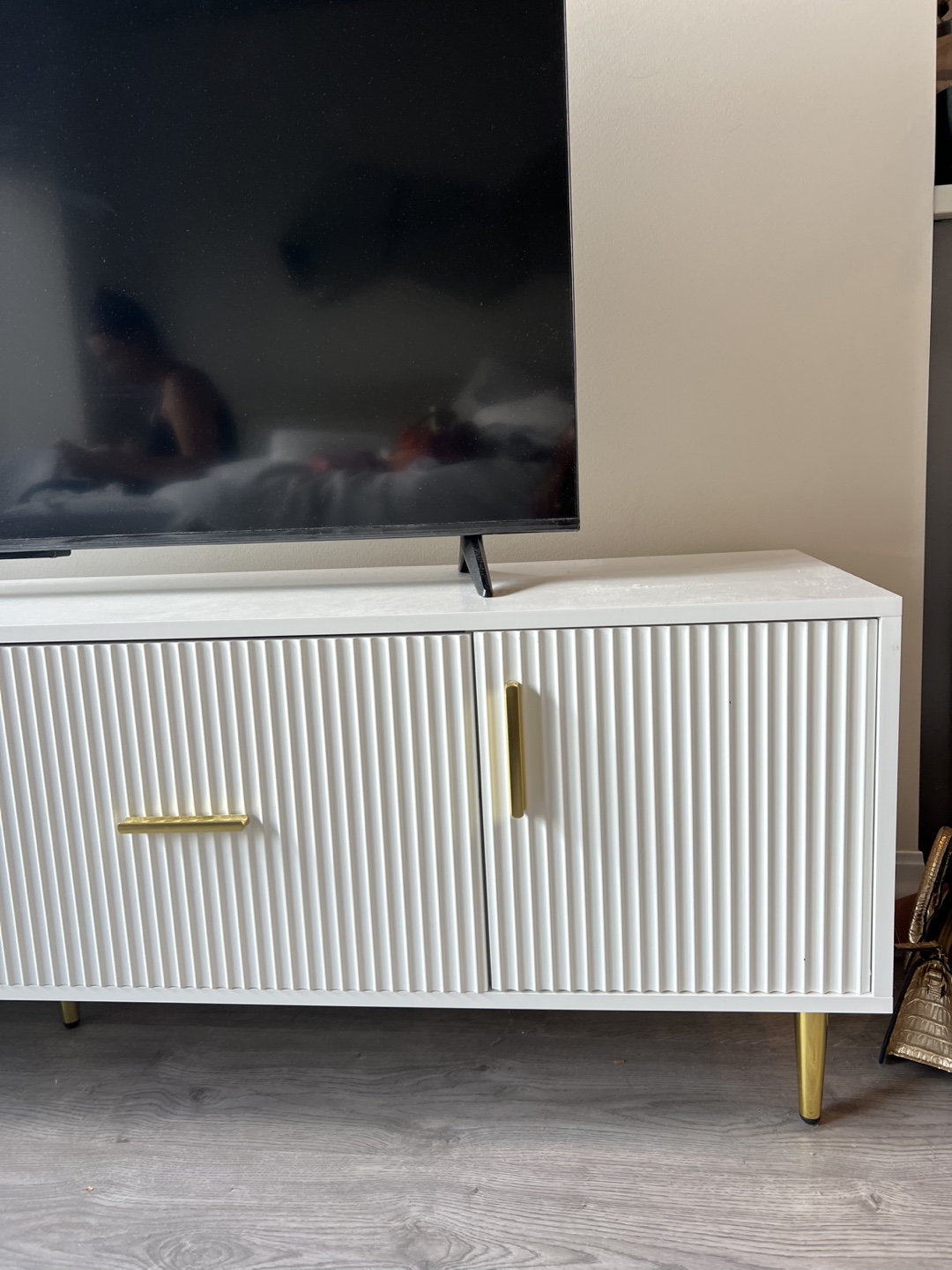 White TV Stand storage Console Table with Gold Accents
