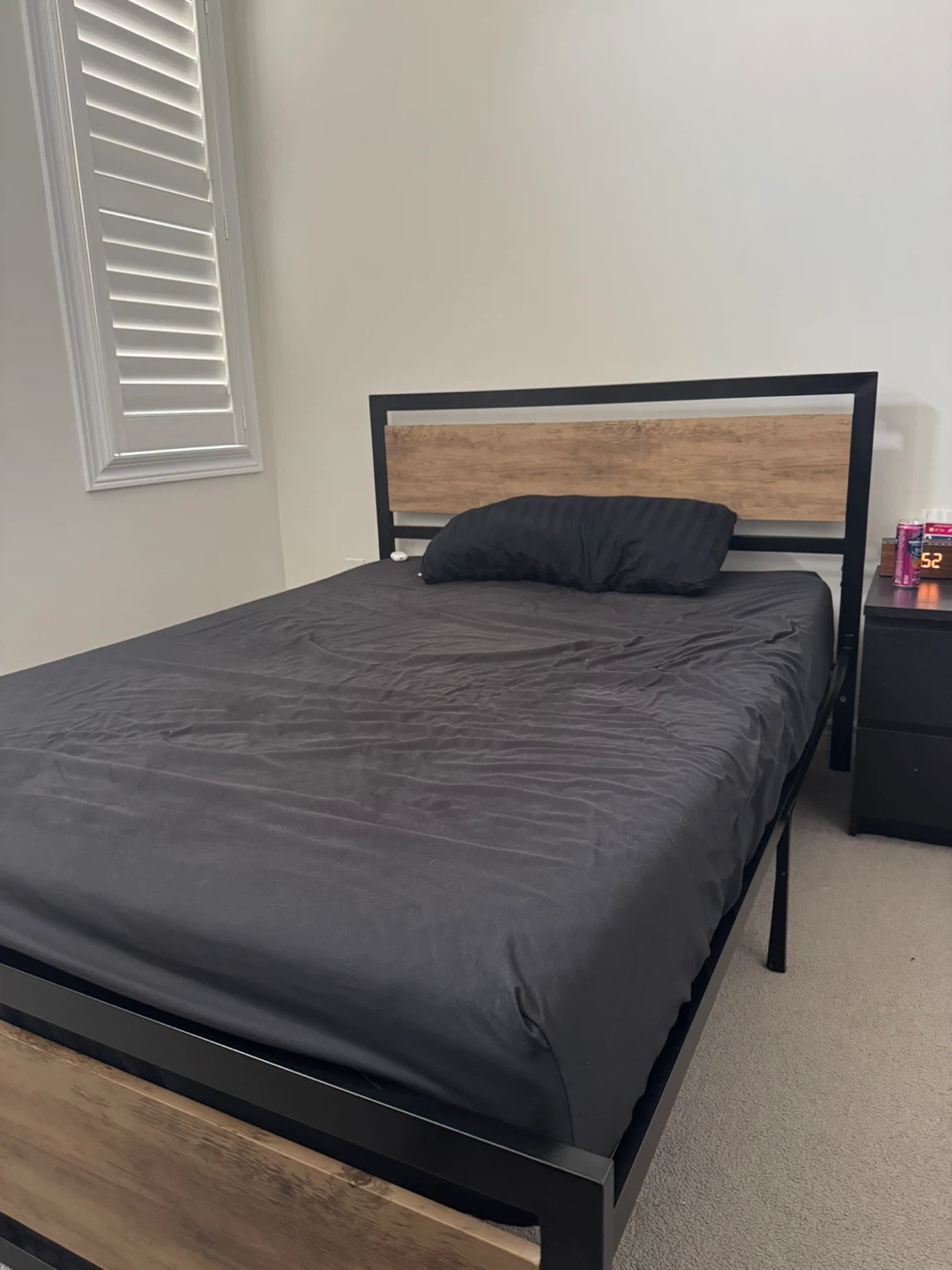 Queen Size Bed Frame - Black Metal & Wood