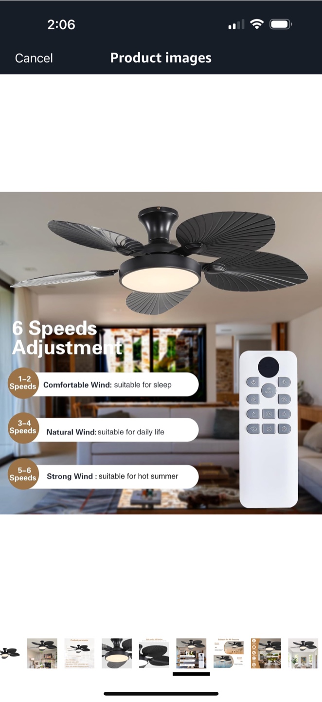 New Black Ceiling Fan - 6 Speed Adjustment