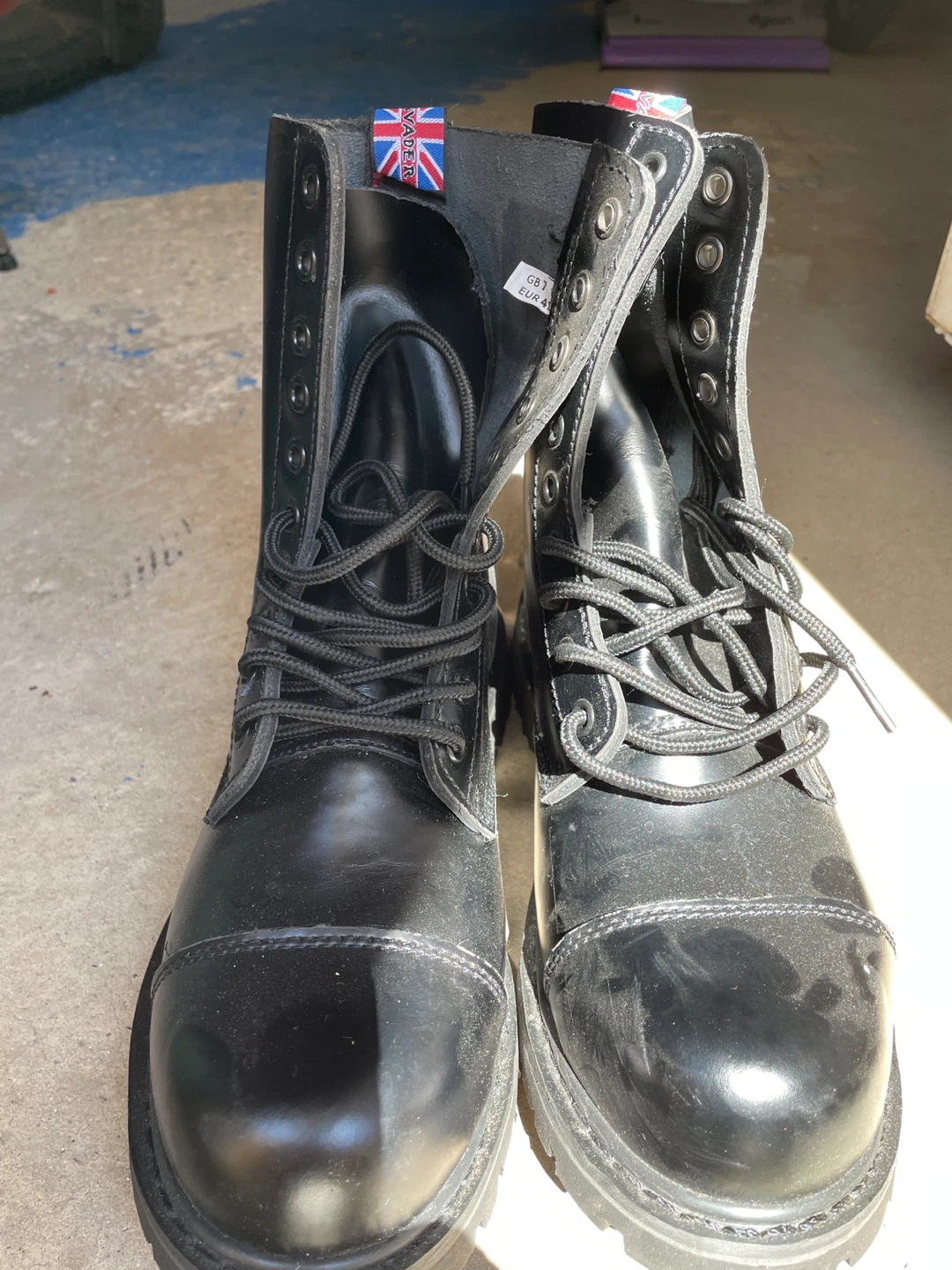 Invader Black Leather Boots, Size 9.5