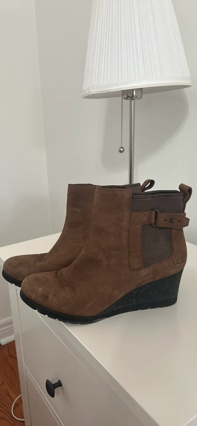 UGG Brown Leather Wedge Ankle Boots Size 7 thumbnail