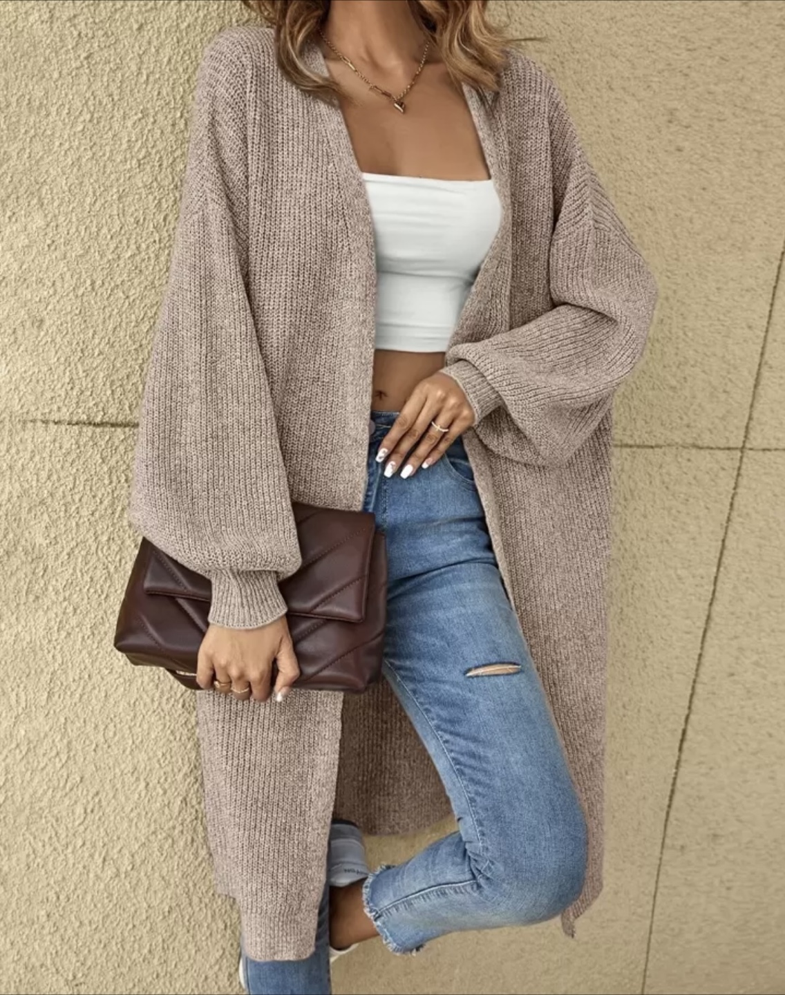 Shein Long Knit Cardigan - Beige