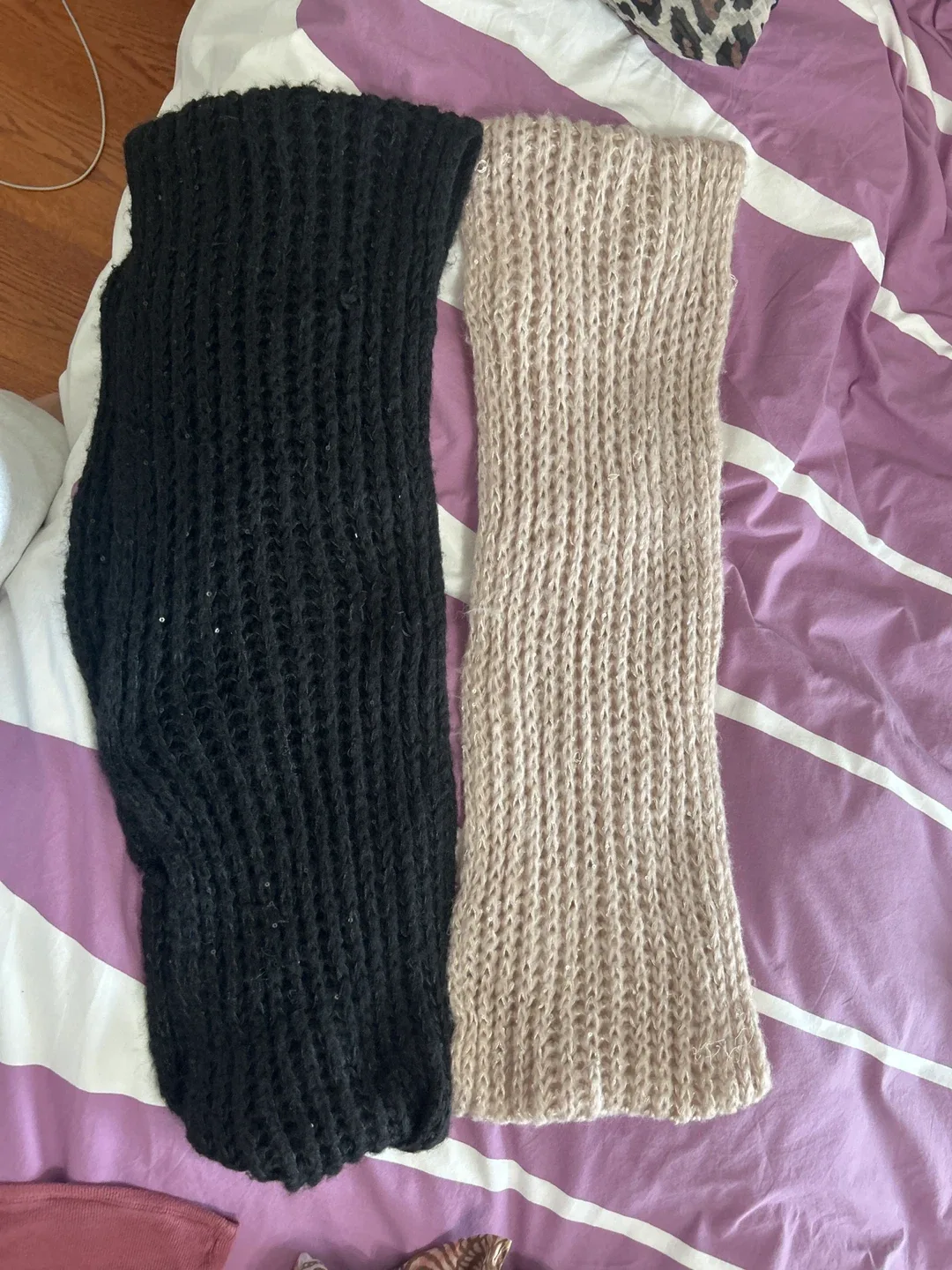 Two Infinity Knit Scarves - Black and Beige thumbnail