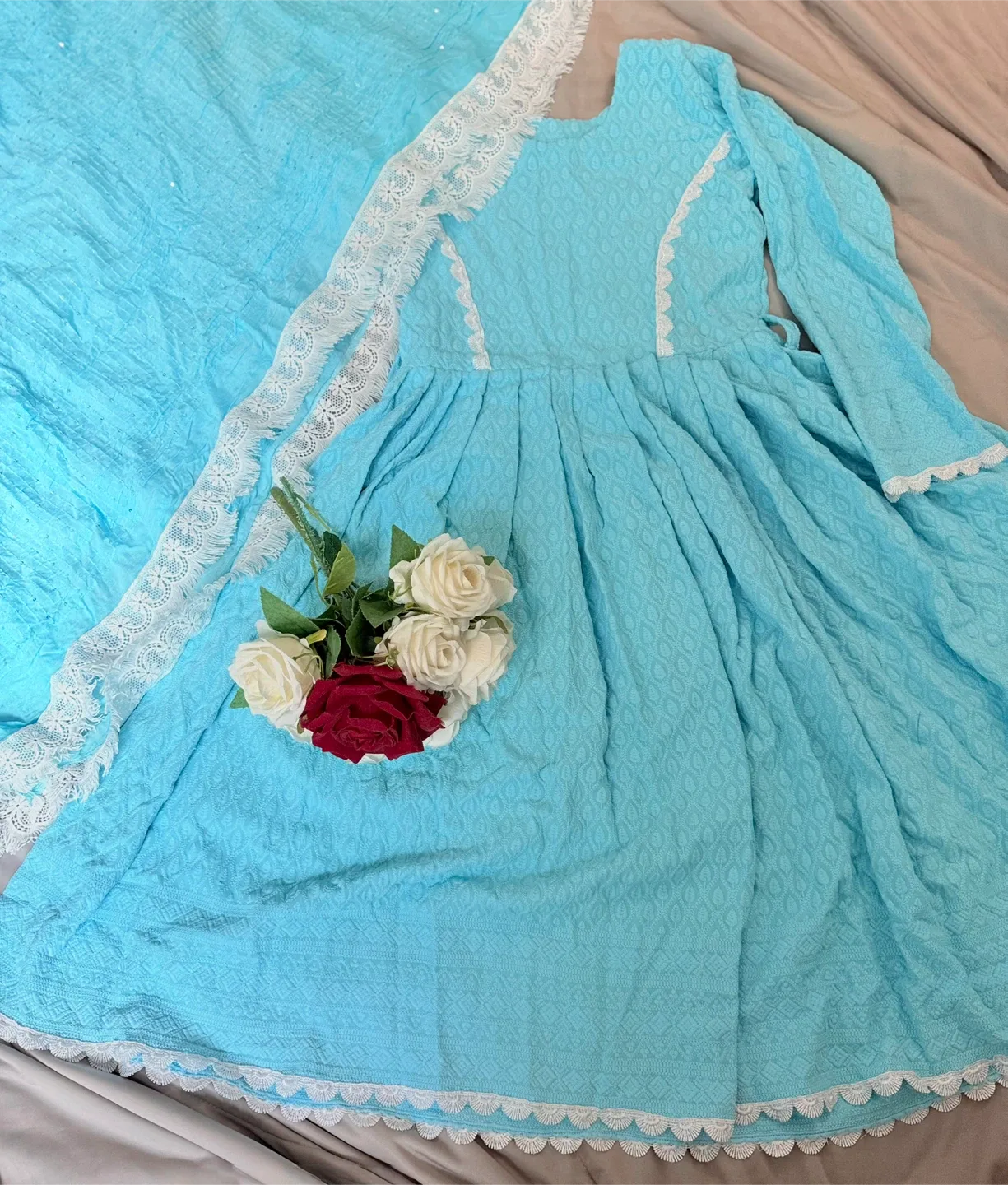 Blue Dress with White Lace thumbnail