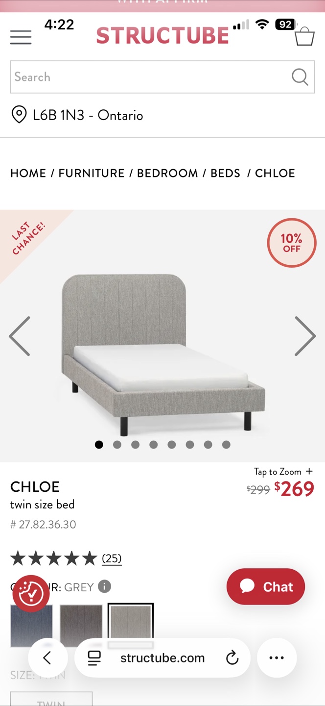 Structube Chloe Twin Bed - Grey