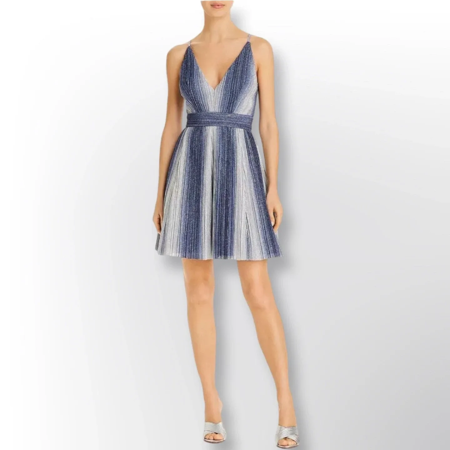 New With Tags! AQUA Metallic-Stripe Fit & Flare Dress | Size 8 thumbnail