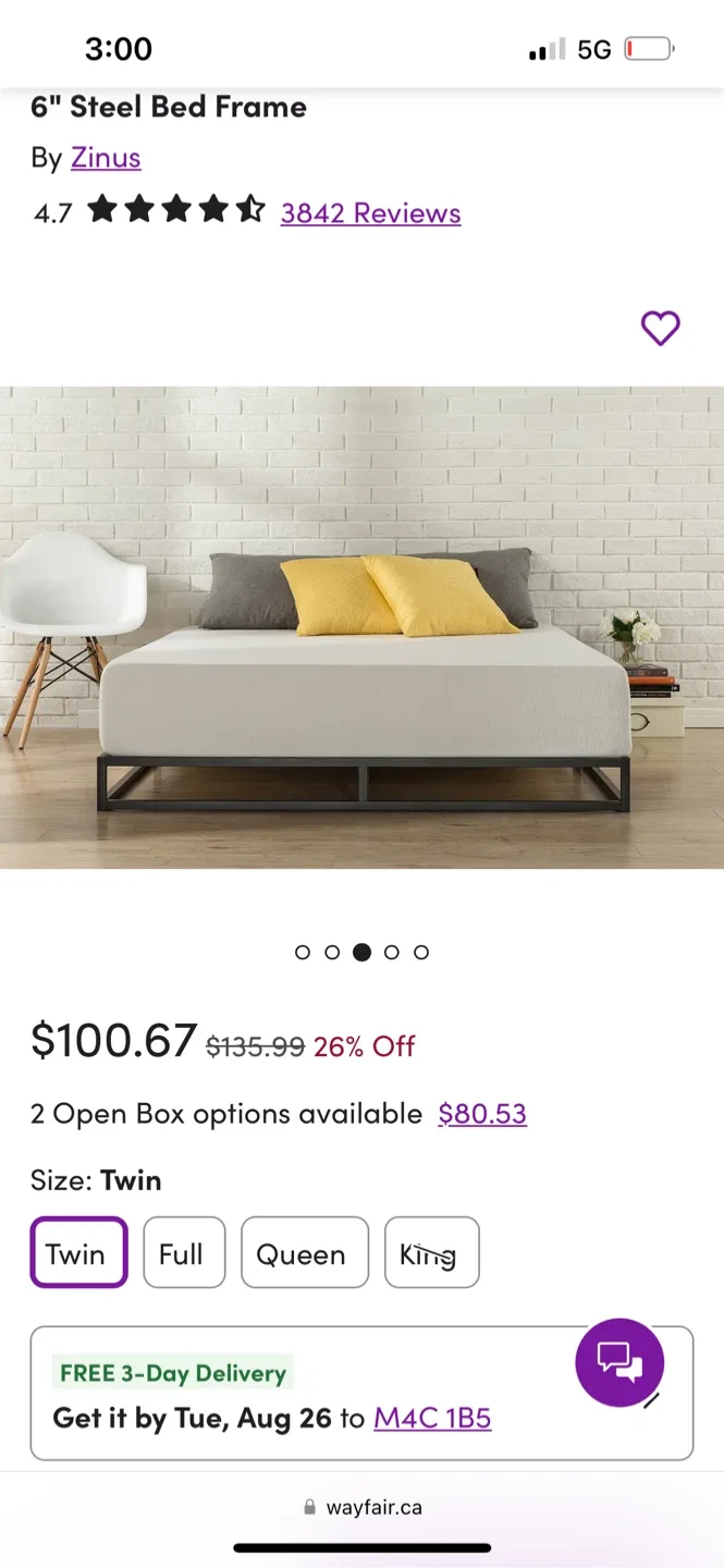 Zinus 6" Steel Bed Frame - Twin Size thumbnail