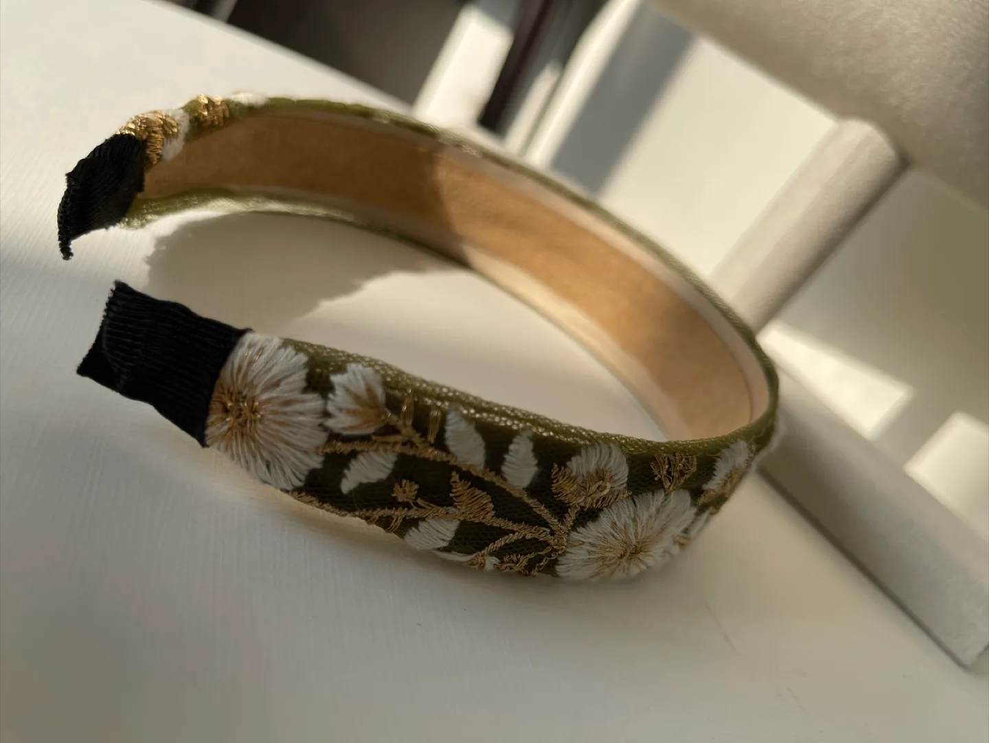 Embroidered Flower Headband - Olive Green & Gold image indicator(5)