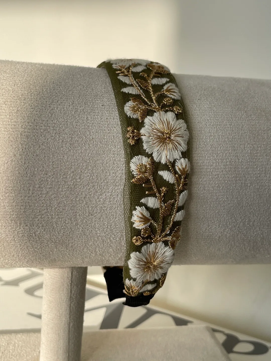 Embroidered Flower Headband - Olive Green & Gold image indicator(2)