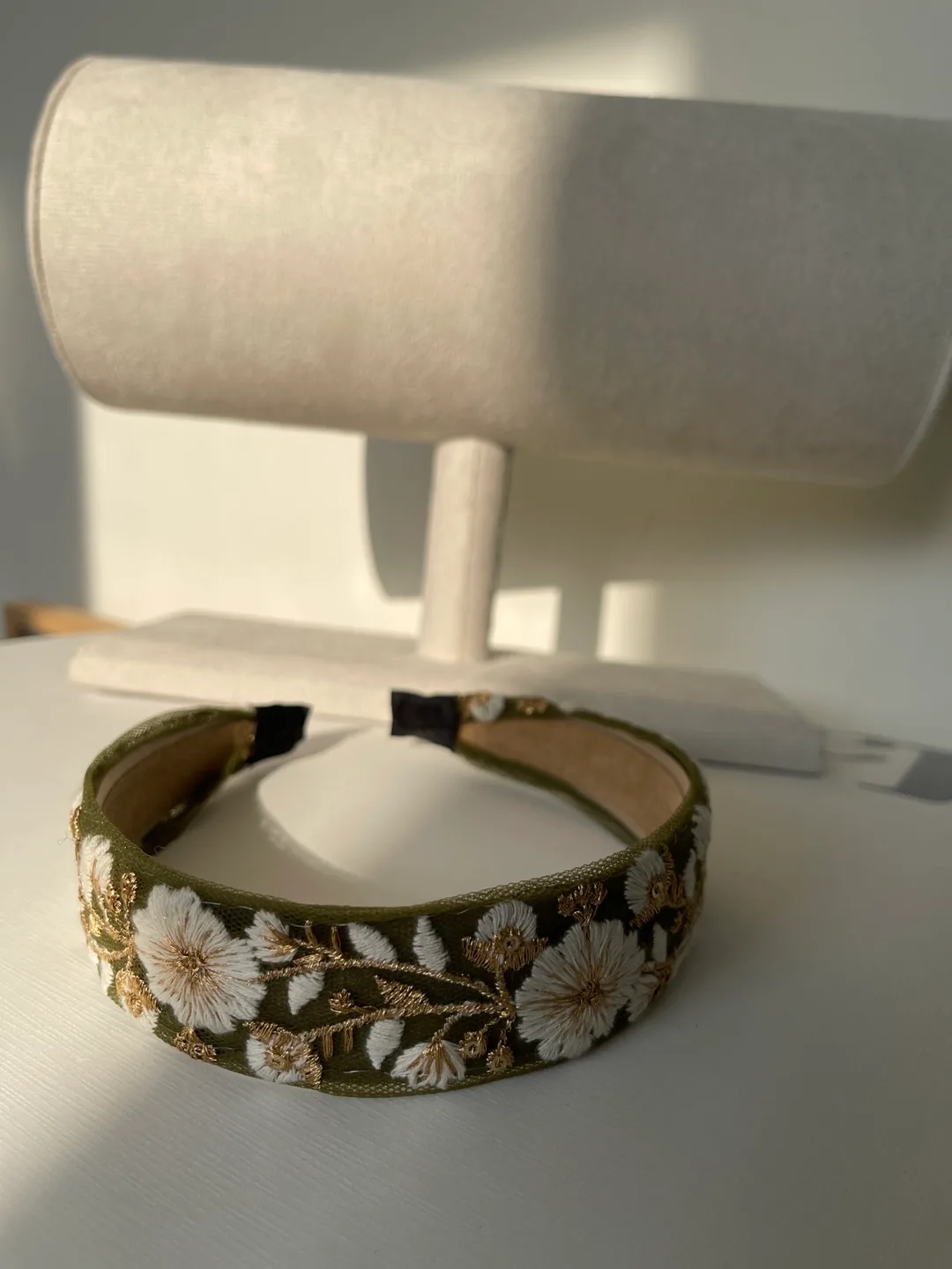 Embroidered Flower Headband - Olive Green & Gold image indicator(3)