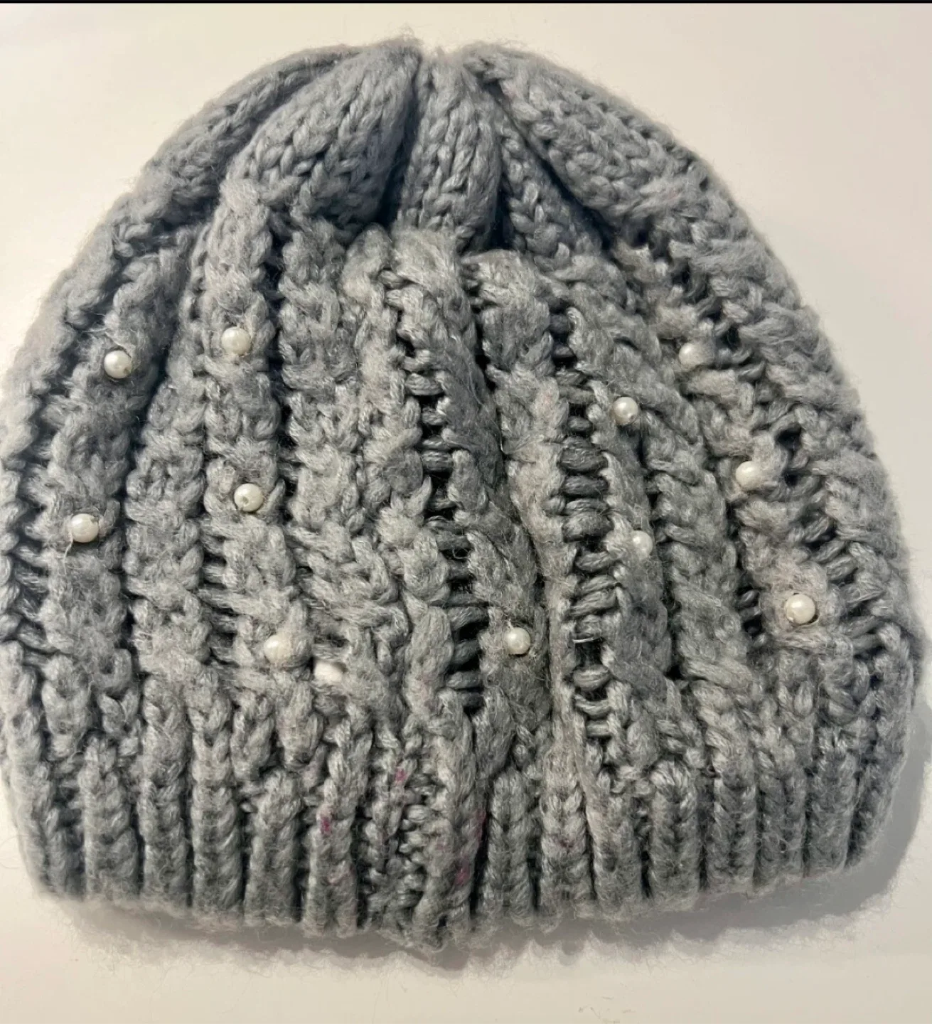 Handmade grey knit beanie with mini pearls thumbnail