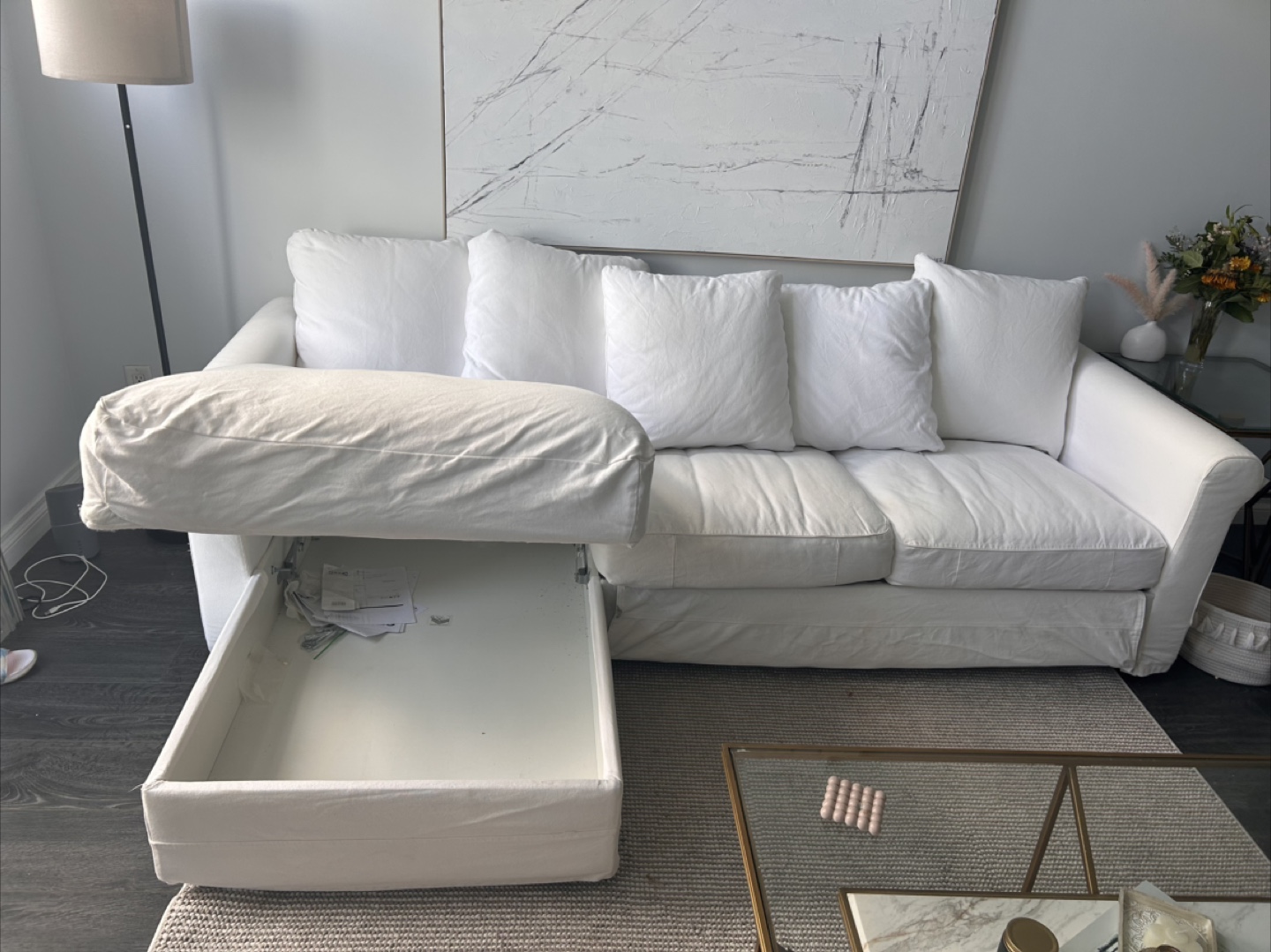IKEA White Sofa with Chaise + Storage - photo 4