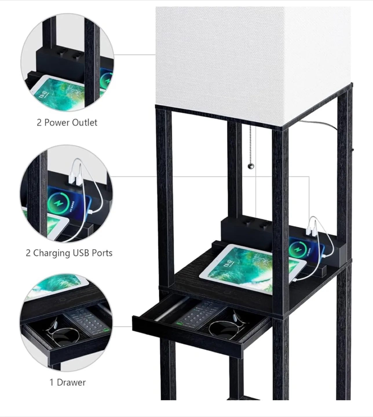 Black Floor Lamp with Shelves & USB Ports image indicator(2)