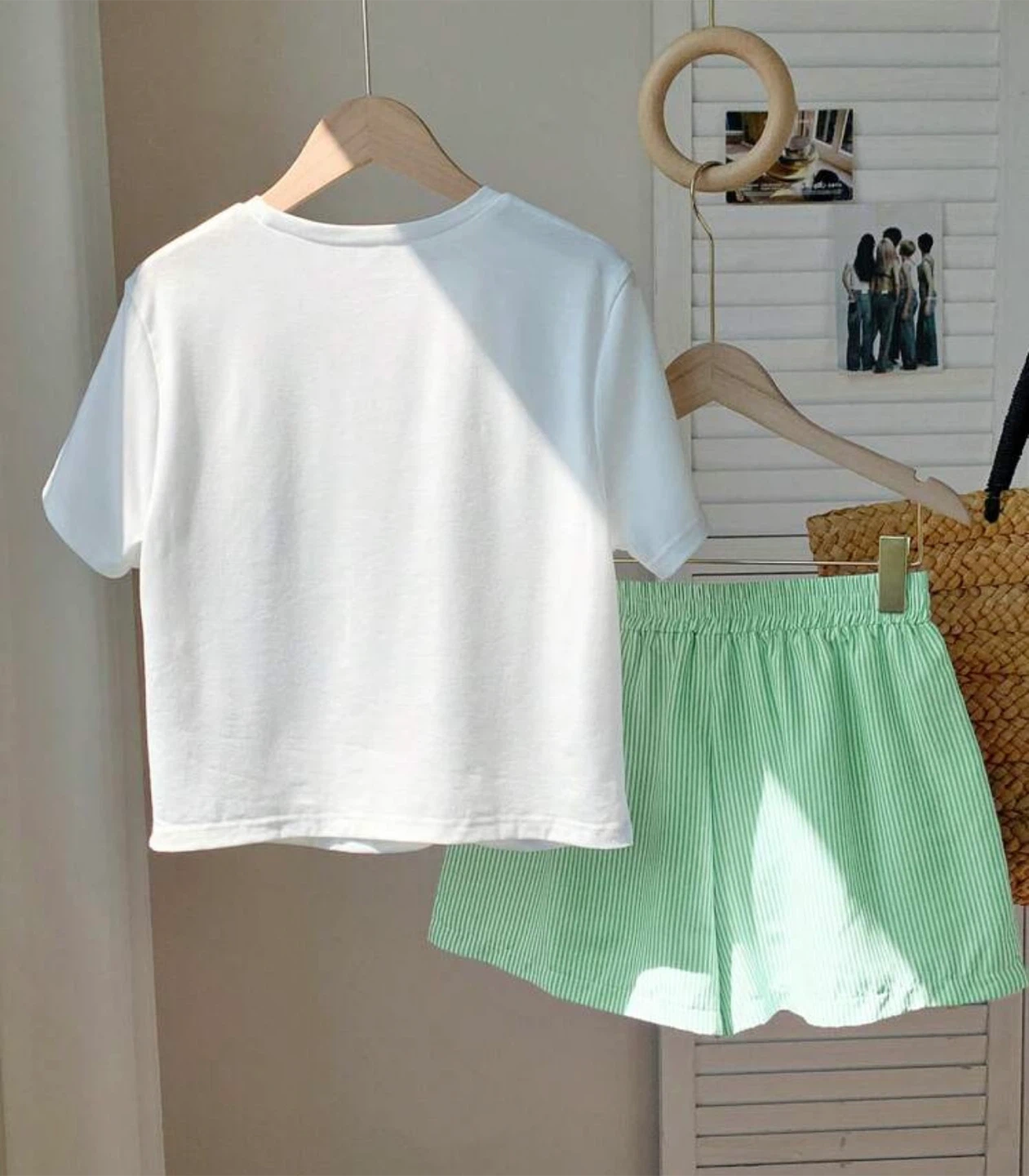 Women ' White Tee & Green Striped Shorts Set - photo 2