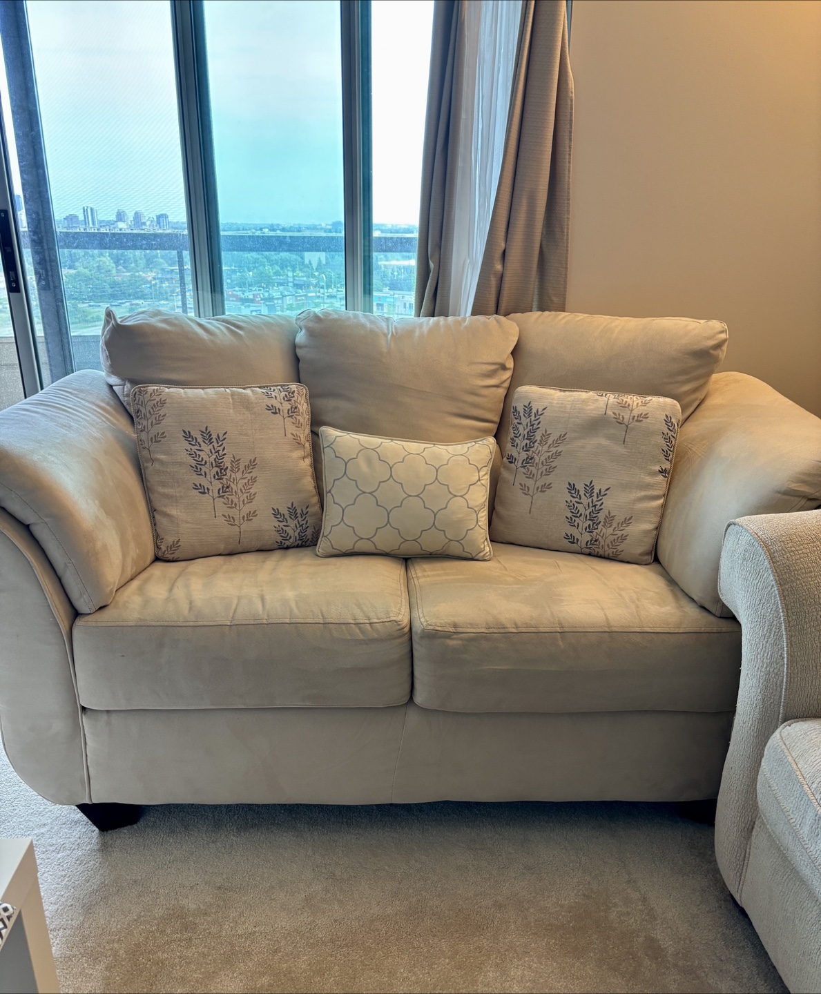 Beige Loveseat Sofa with Throw Pillows