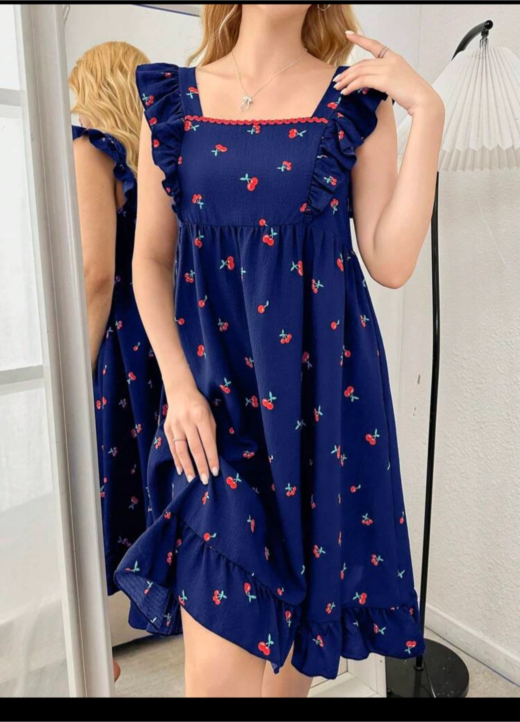 Blue Cherry Print Ruffle Dress