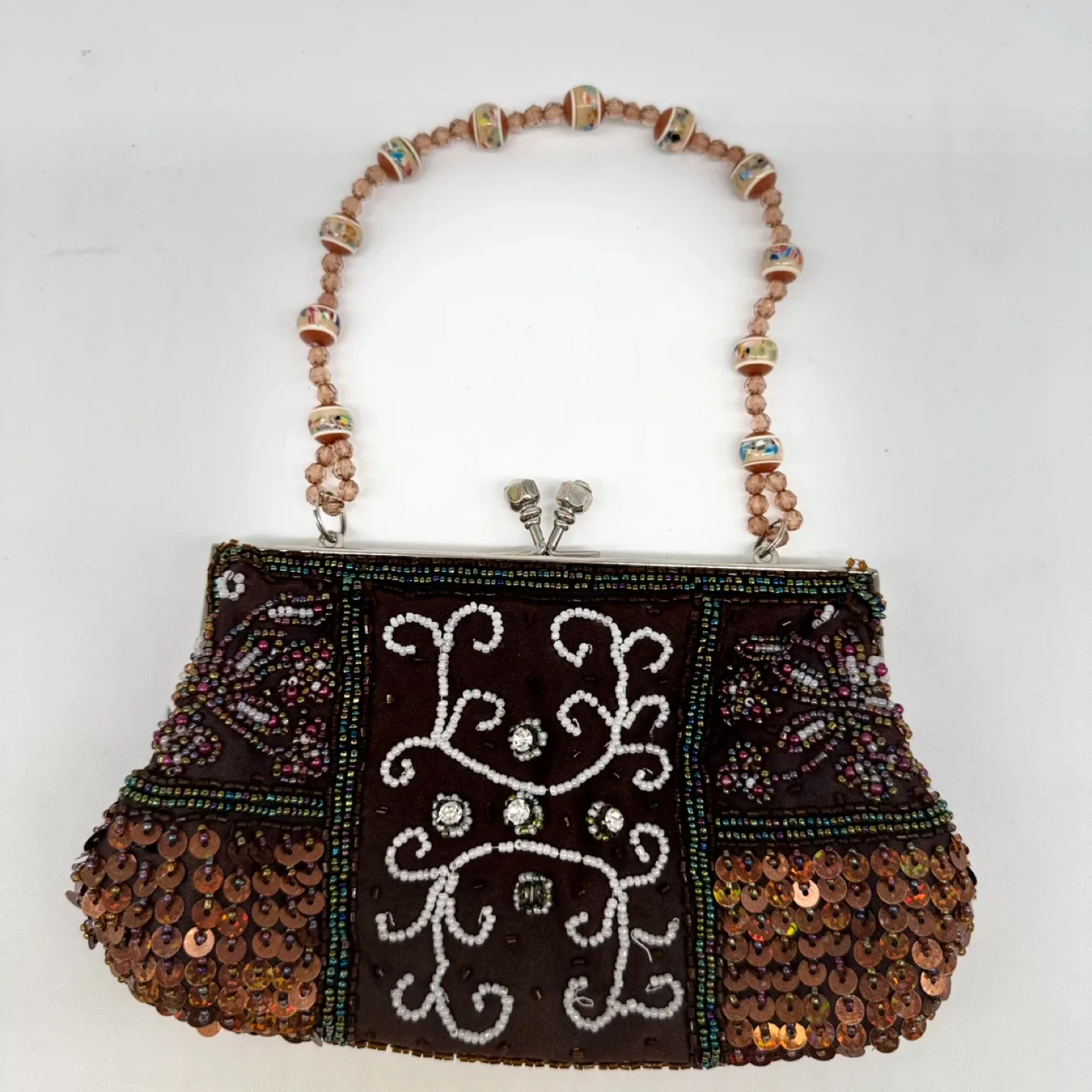 LTD Handbag Women Small Rust Satin Sequin Beaded Kiss Lock thumbnail
