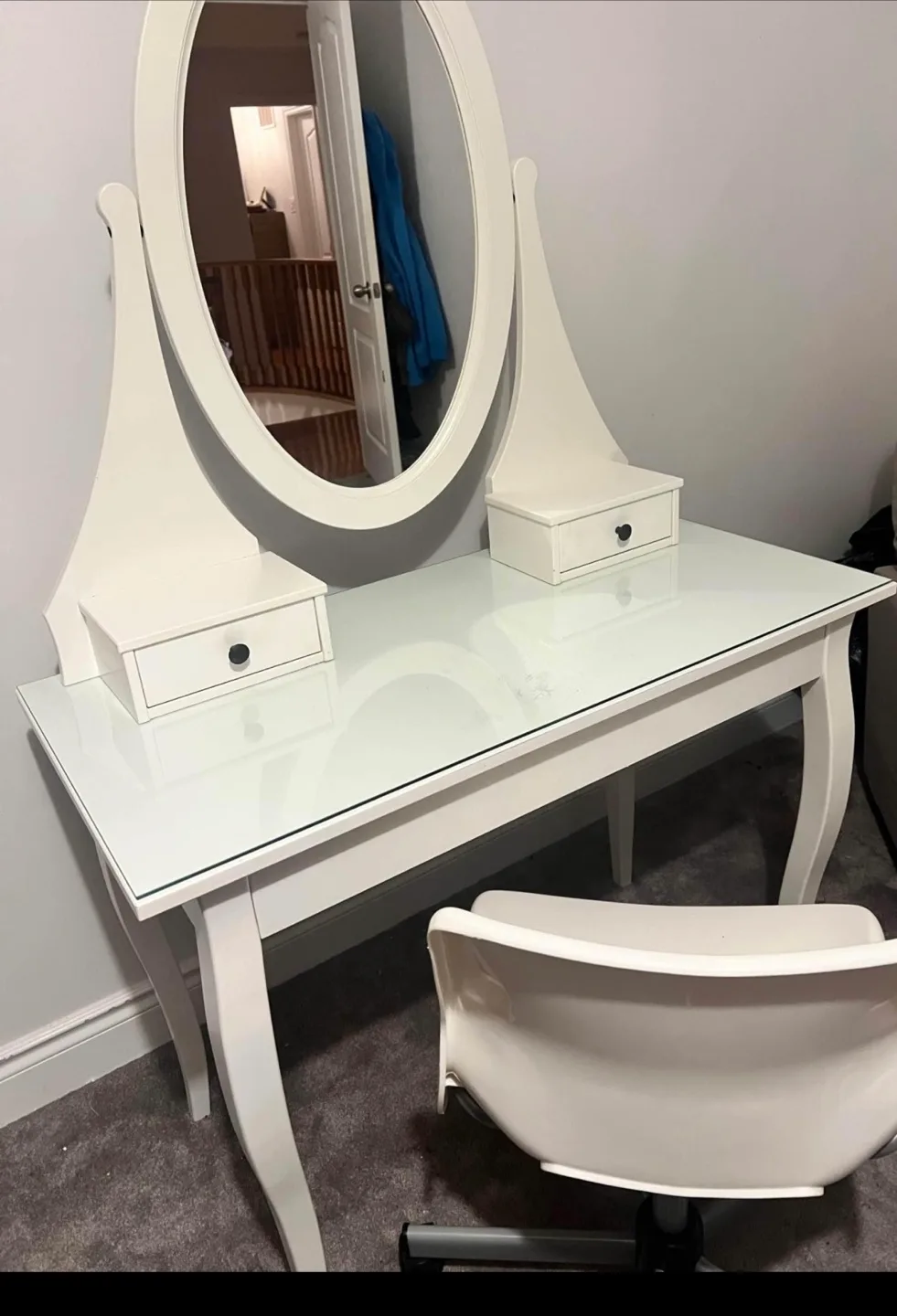 White Vanity Table with Mirror & Chair thumbnail