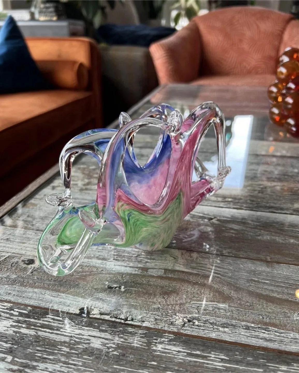 Vintage Art Glass Napkin Holder, Pink Blue Green Swirl Pattern image indicator(5)