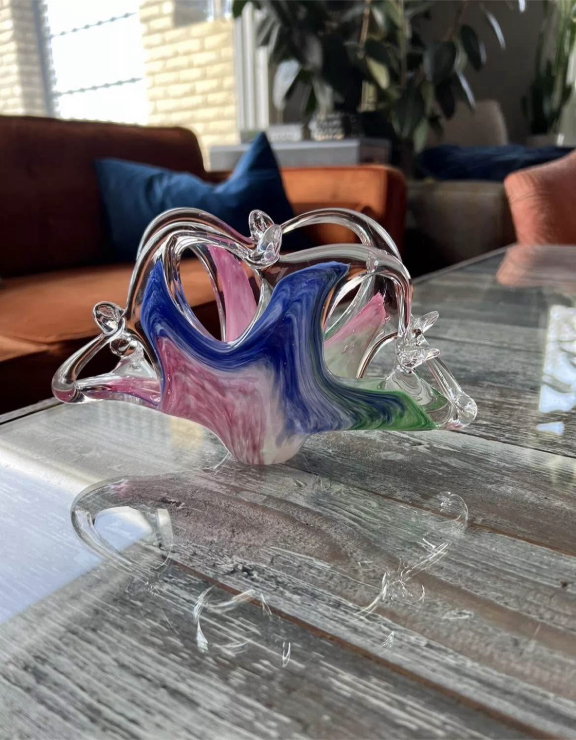 Vintage Art Glass Napkin Holder, Pink Blue Green Swirl Pattern - photo 3