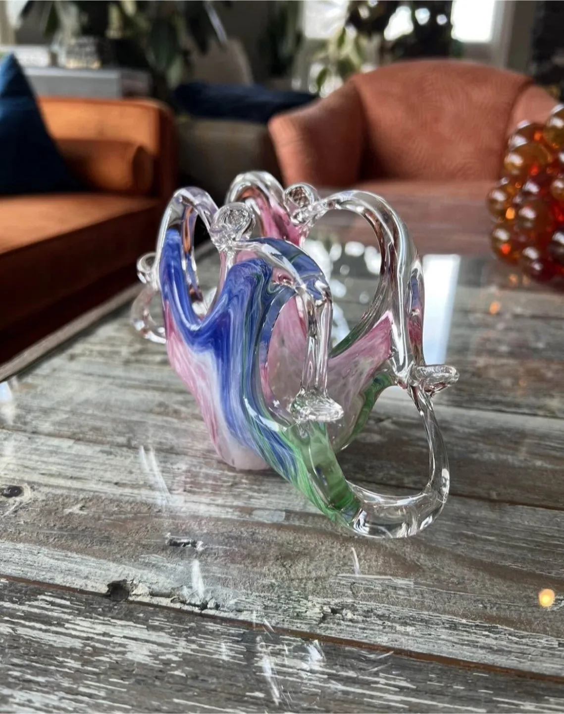 Vintage Art Glass Napkin Holder, Pink Blue Green Swirl Pattern image indicator(7)