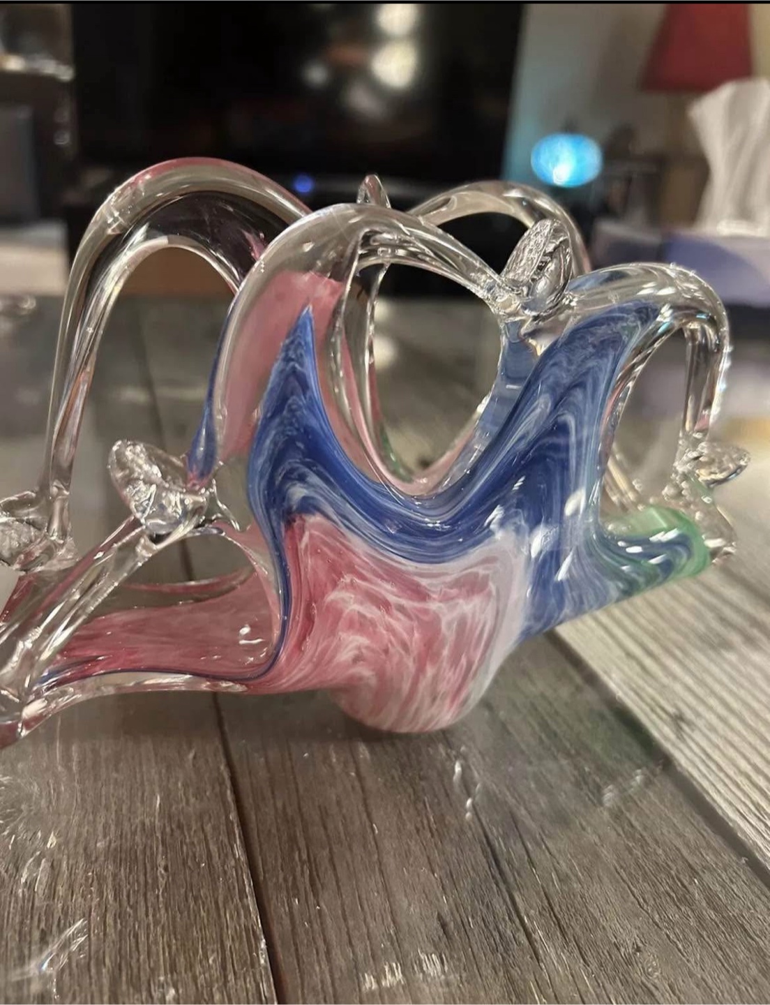 Vintage Art Glass Napkin Holder, Pink Blue Green Swirl Pattern