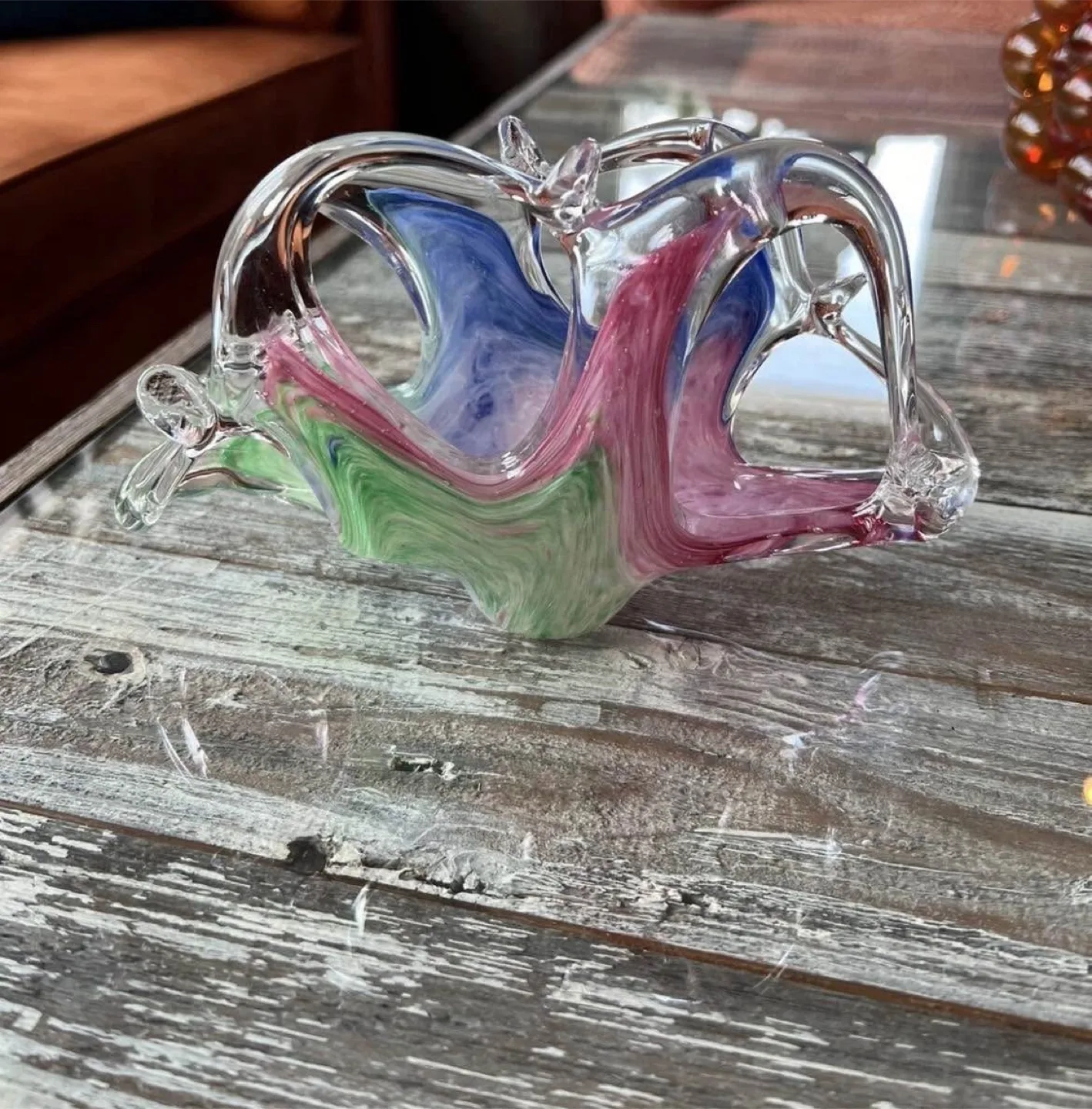 Vintage Art Glass Napkin Holder, Pink Blue Green Swirl Pattern image indicator(4)