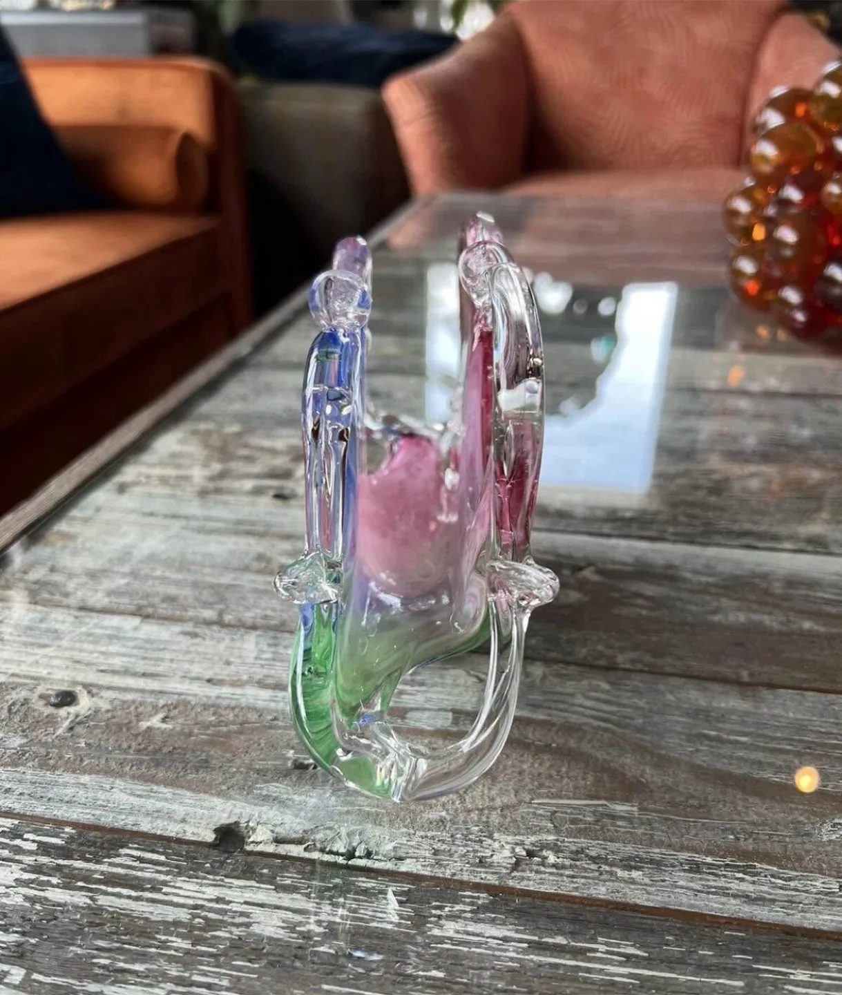 Vintage Art Glass Napkin Holder, Pink Blue Green Swirl Pattern image indicator(6)