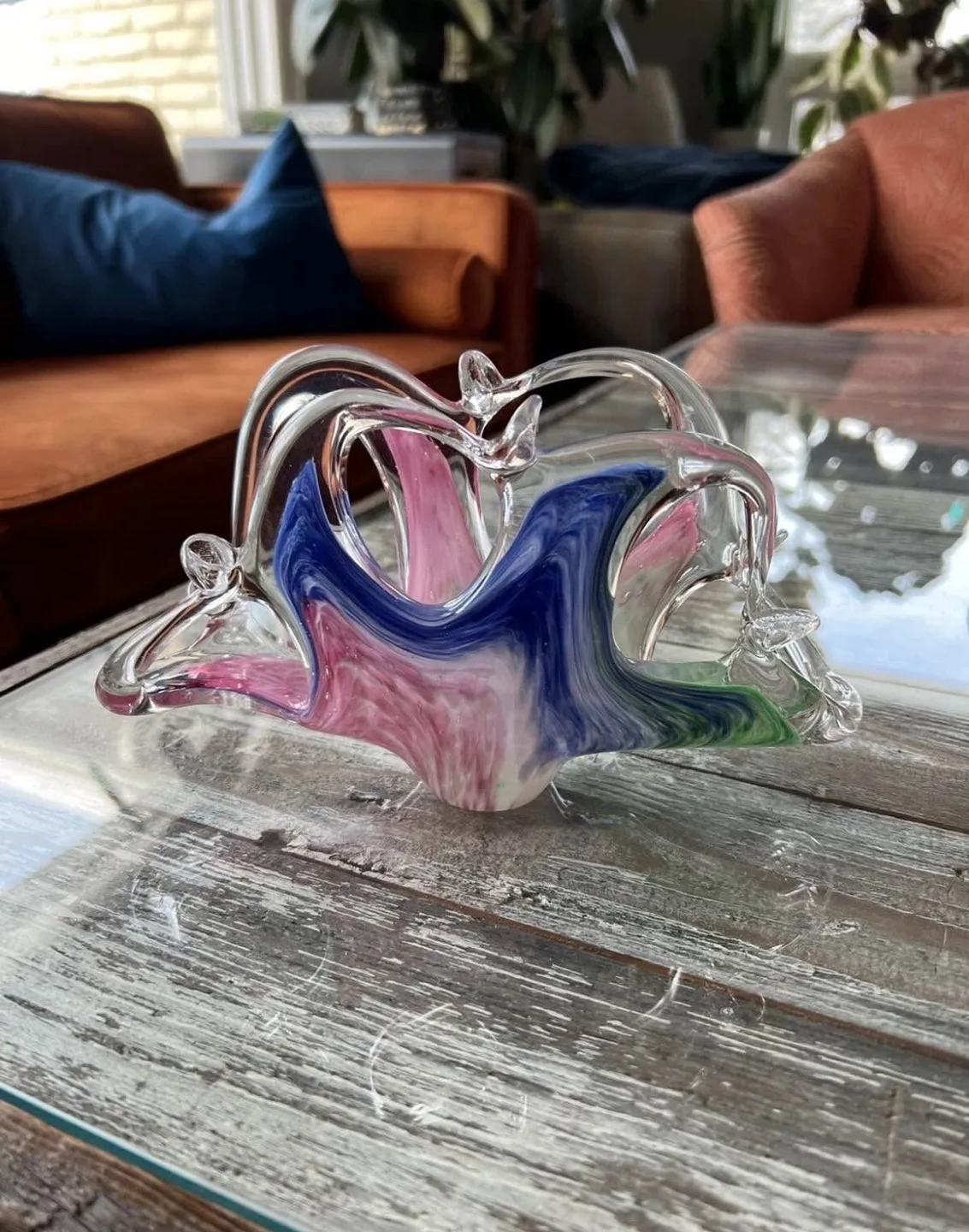 Vintage Art Glass Napkin Holder, Pink Blue Green Swirl Pattern image indicator(8)