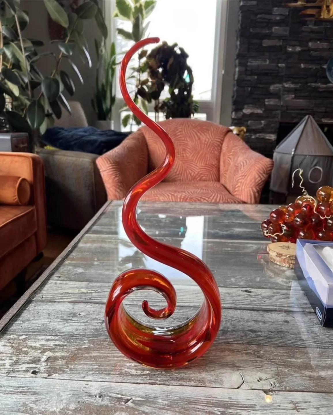 Murano Glass Spiral Sculpture Retro Red Mid Century Modern thumbnail