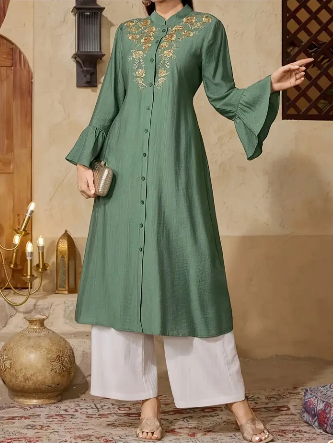 Shein Olive Green Floral Embroidered Dress - Size M image indicator(4)