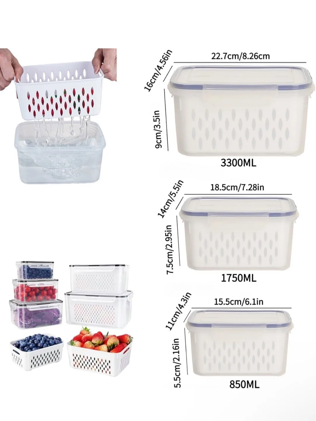 Clear Plastic Food Storage Box-Including Drain Basket, 3 Sizes image indicator(2)