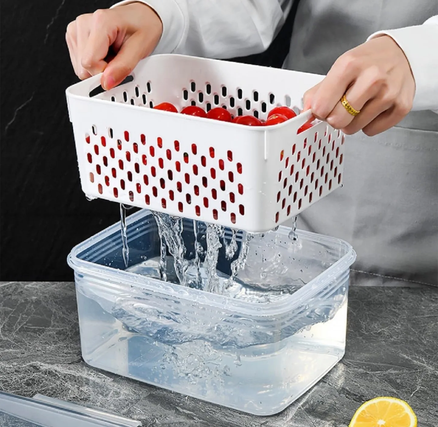 Clear Plastic Food Storage Box-Including Drain Basket, 3 Sizes image indicator(3)