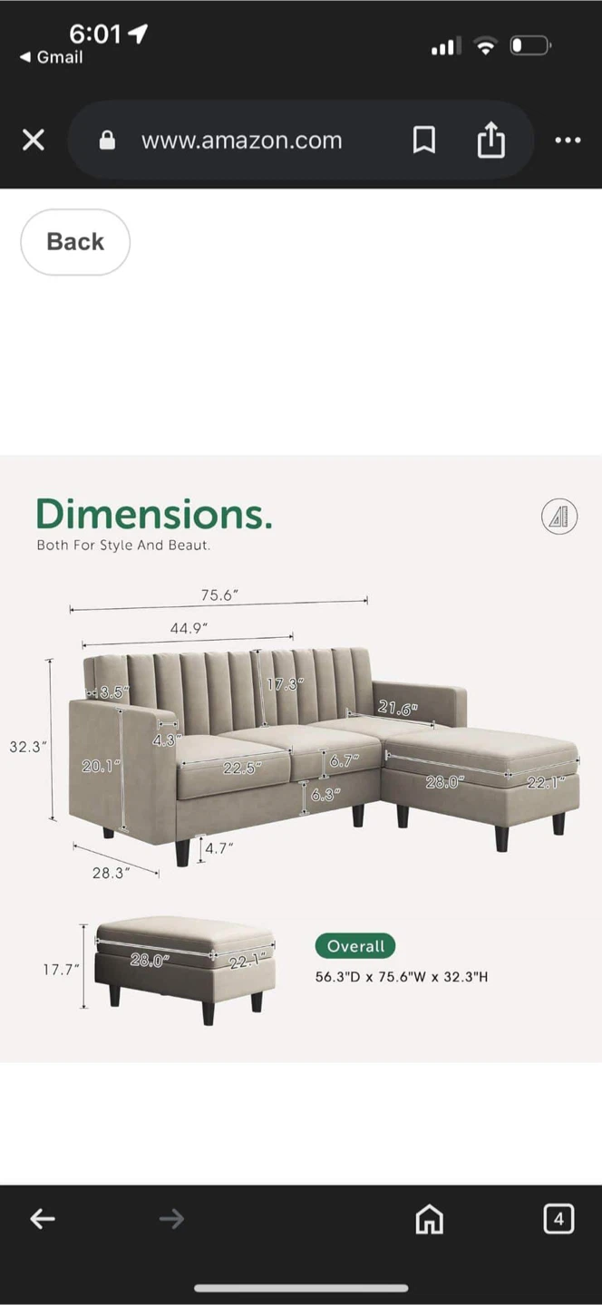 Sectional Sofa - 56.3"D x 75.6"W x 32.3"H