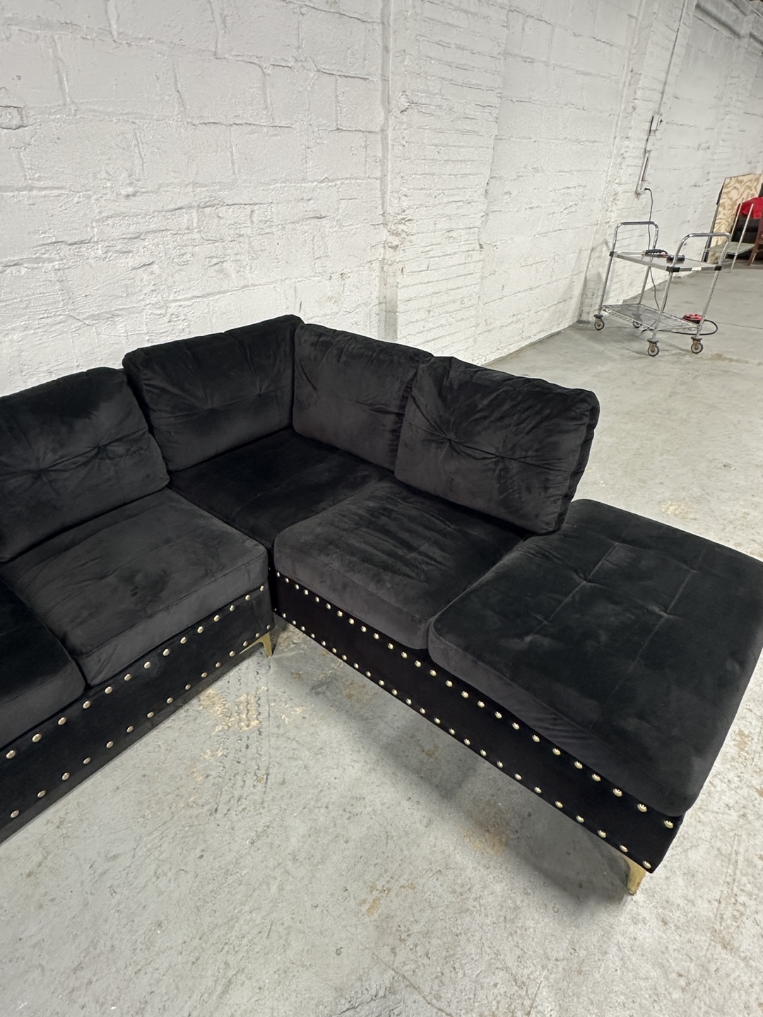 Black Velvet Sectional Sofa with Ottoman