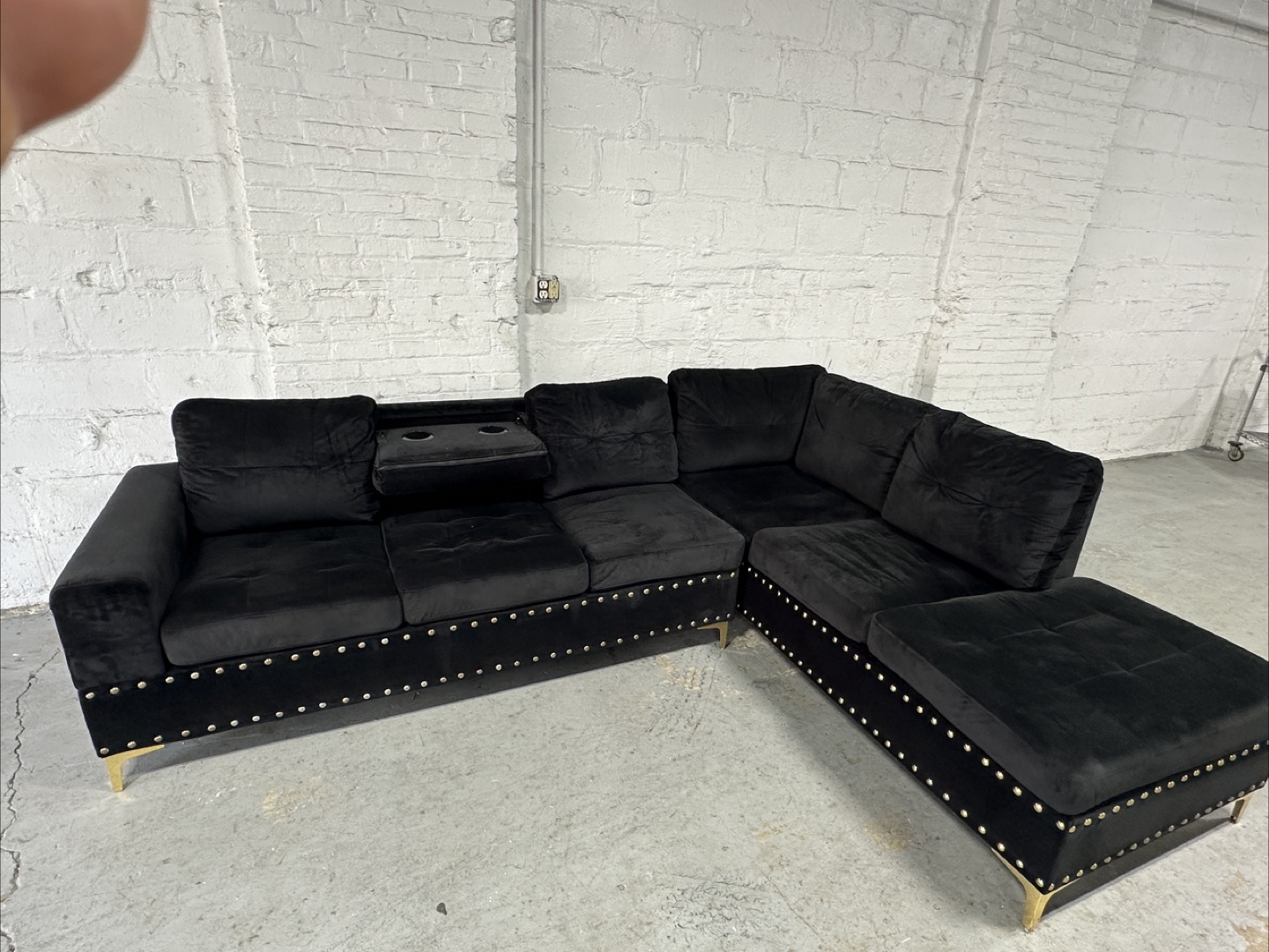 Black Velvet Sectional Sofa with Ottoman - photo 2