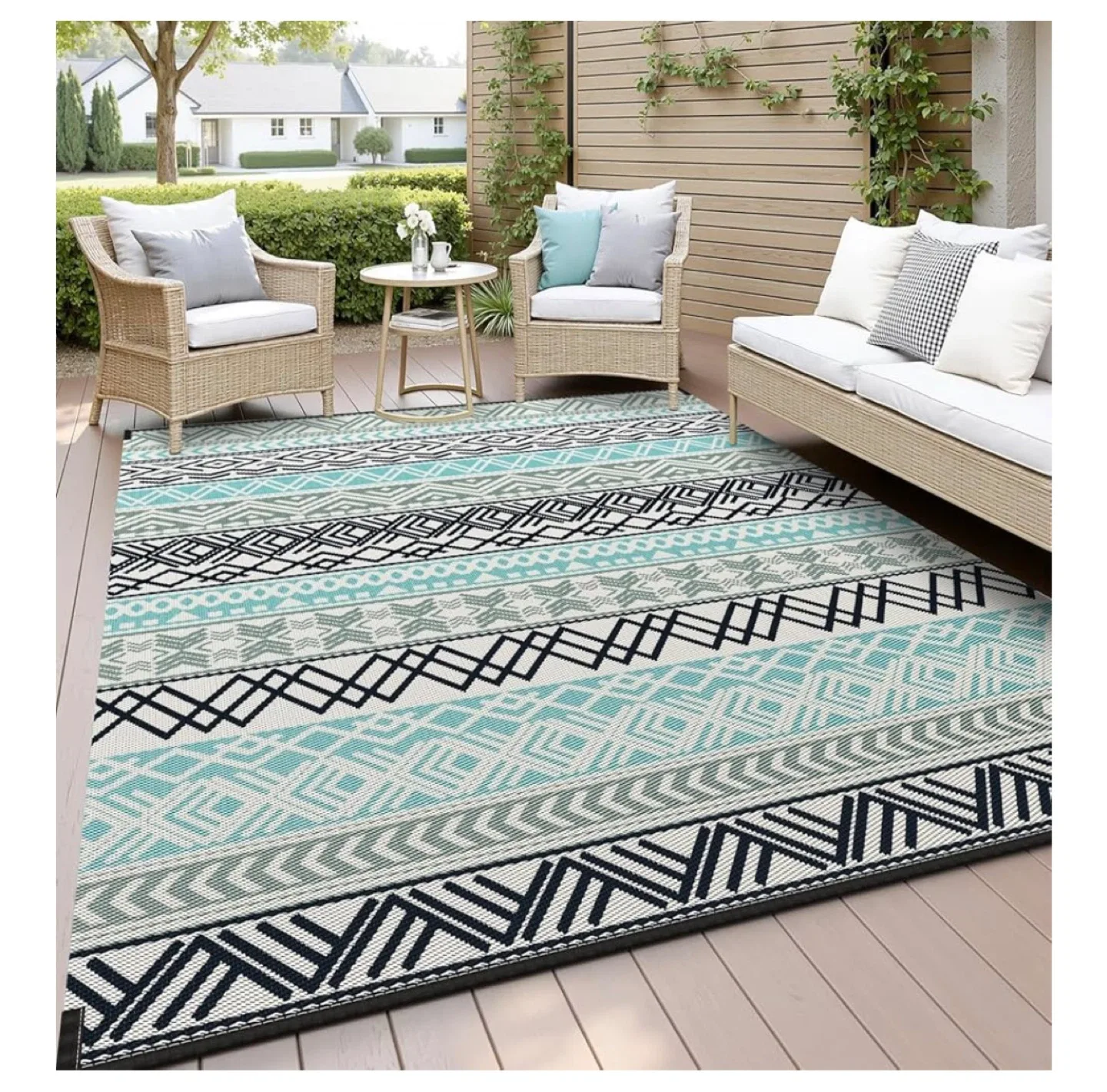 Grey, Blue & White Outdoor Rug - 6ft x 9ft thumbnail